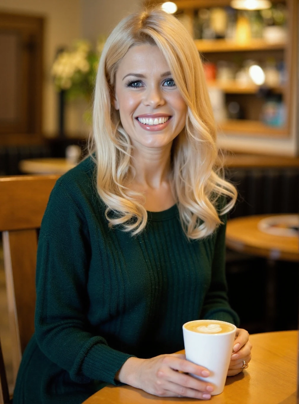 A professional photograph of a young woman Melinda_M3ss3nger wearing a dark green cableknit sweater in a cafe, holding a latte, blonde hair, light make-up, detailed skin, bokeh, female focus, SFW, smile <lora:Melinda_Messenger:1>