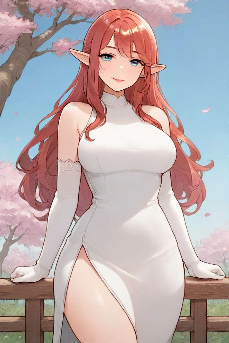 masterpiece, best quality, highres, newest, 1girl, mature female, pointy ears, solo, elf, lips, lipstick, cowboy shot, standing, red hair, long hair, medium breasts, gloves, elbow gloves, white gloves, smile, looking at viewer, long white dress, standing, outdoors, sky, blue sky, tree, cherry blossoms <lora:OIS - s1 [LoRA] - NoobAI-XL EPS 1.0:1>