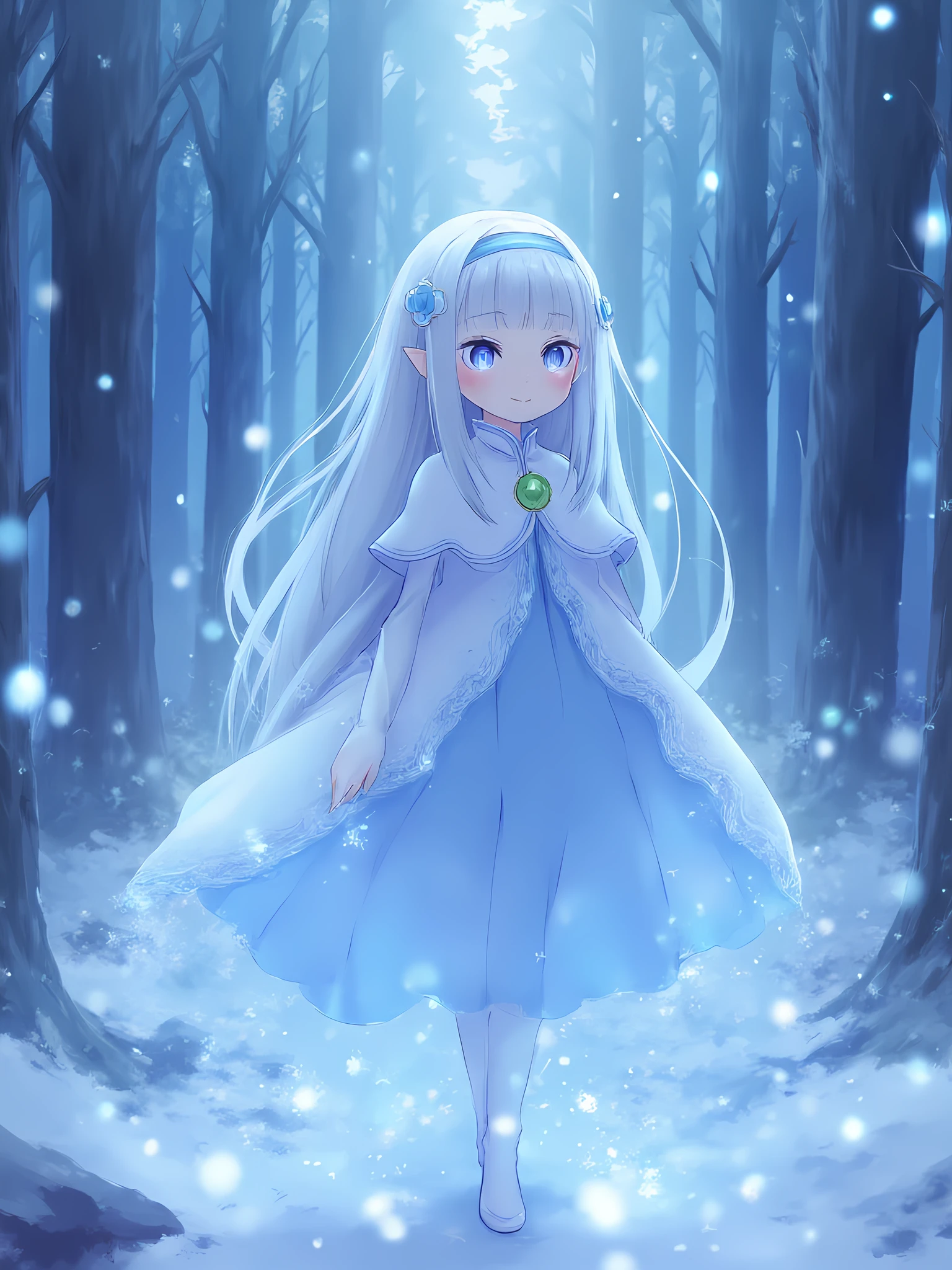 kodomoEmiliaFlux, <lora:kodomoEmiliaFlux:1>, a young Emilia from Re:Zero, dressed in a delicate ice-blue gown, surrounded by glowing snowflakes, in an enchanted winter forest, soft magical lighting, fantasy art, high detail.