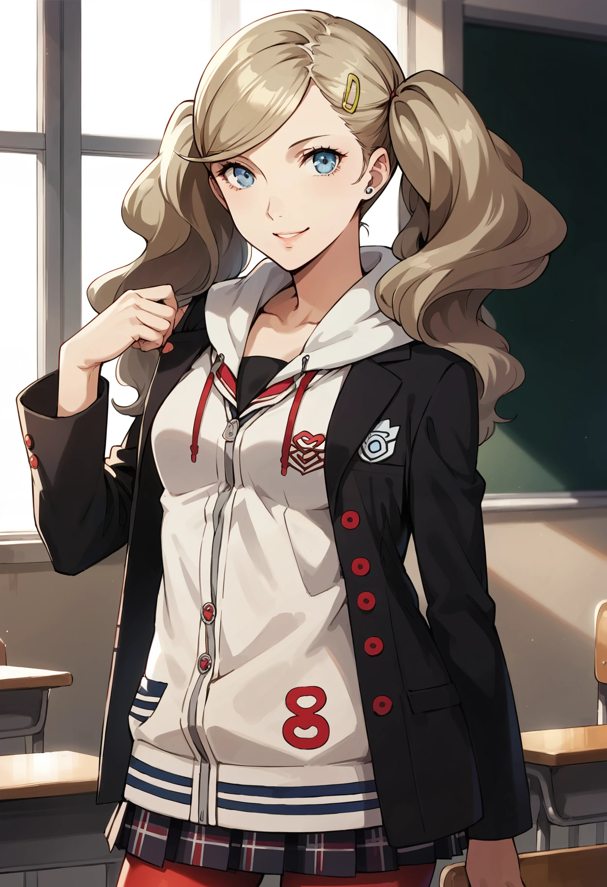 score_9, score_8_up, score_7_up, (source_anime), 1 girl, solo, nsfw, cute face,
p5ann, twintails, long hair, takamaki anne, blonde hair, hairclip,
skirt, school uniform, jacket, open clothes, hairclip, hood, miniskirt, sweater, open jacket, black jacket, hoodie,hood down, white sweater, red pantyhose, hooded cardigan, shuujin academy school uniform, 
standing, classroom, looking at viewer, smile,
masterpiece, best quality, ultra detailed, absurdres, very aesthetic