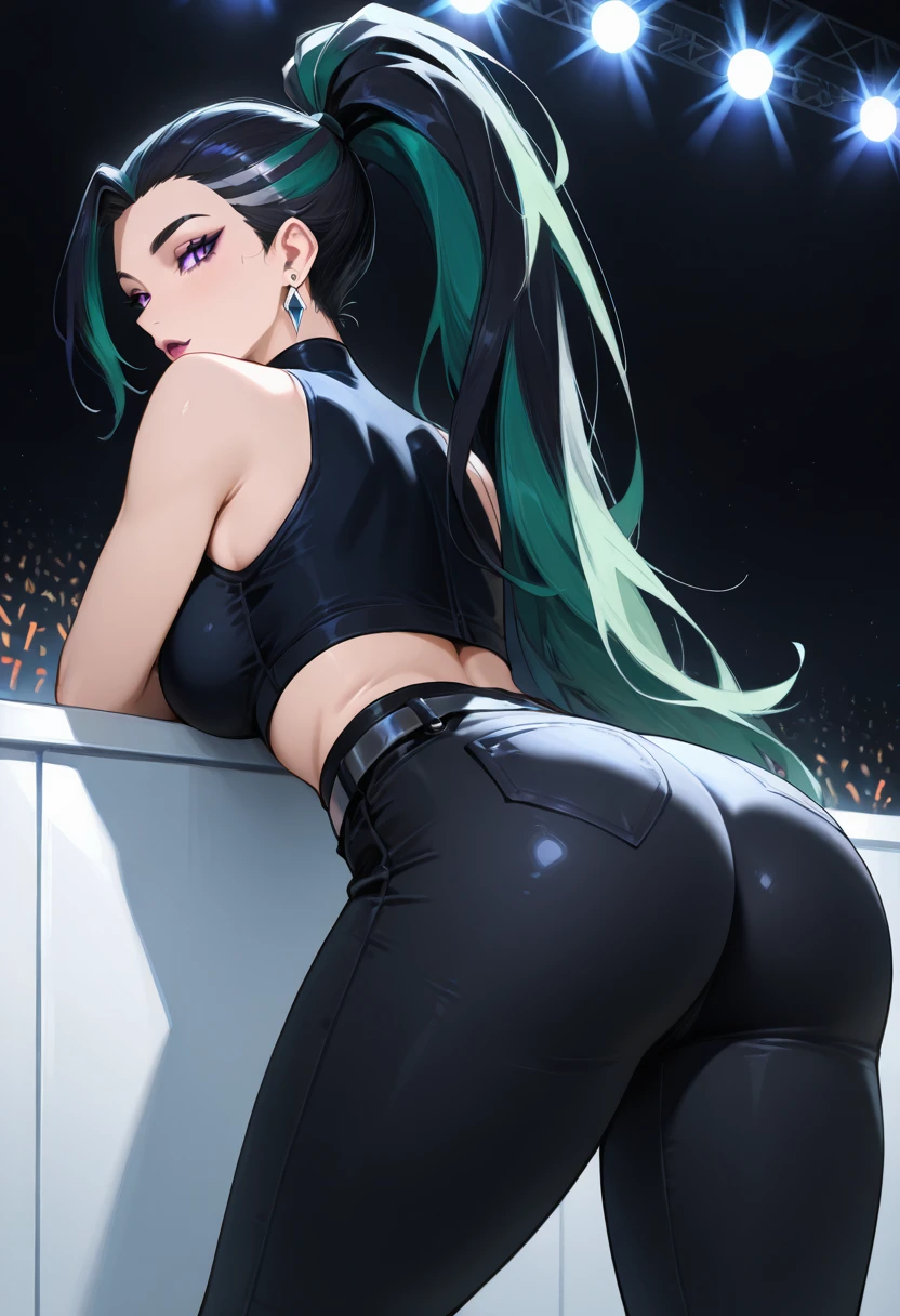 masterpiece, best quality, newest, absurdres, highres, 1girl, solo, the baddest kai'sa, league of legends,  <lora:kaisabaddestXL:1>, kaisabaddestxl, earrings, jewelry, ponytail, bare long hair, purple eyes, crop top, bare shoulders, multicolored hair, (green hair:1.1), black hair, black tight pants, large breasts, ass, bent over,  concert,