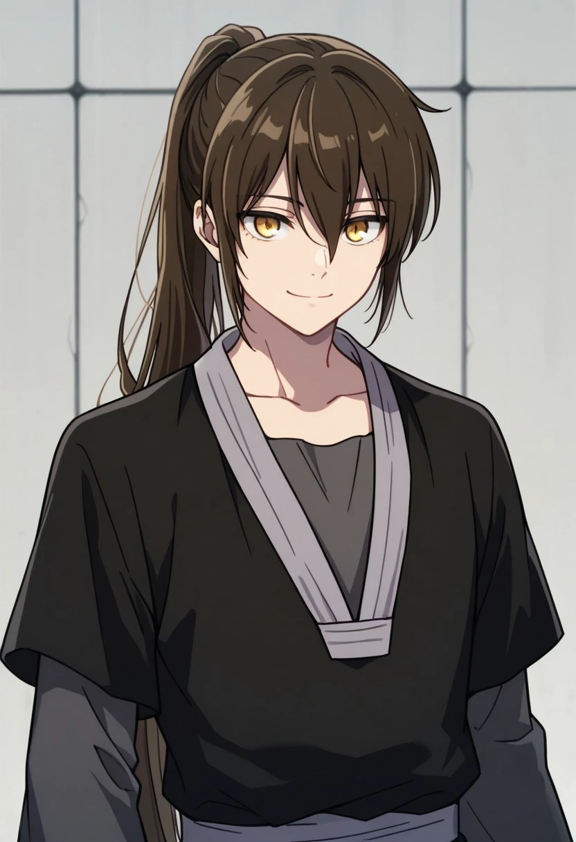 masterpiece, best quality, 
baamtg, 1boy, male focus, solo, yellow eyes, brown hair, very long hair, ponytail, hair between eyes, shirt, grey shirt, long sleeves, robe, black robe, upper body, upper body, smile
outdoor