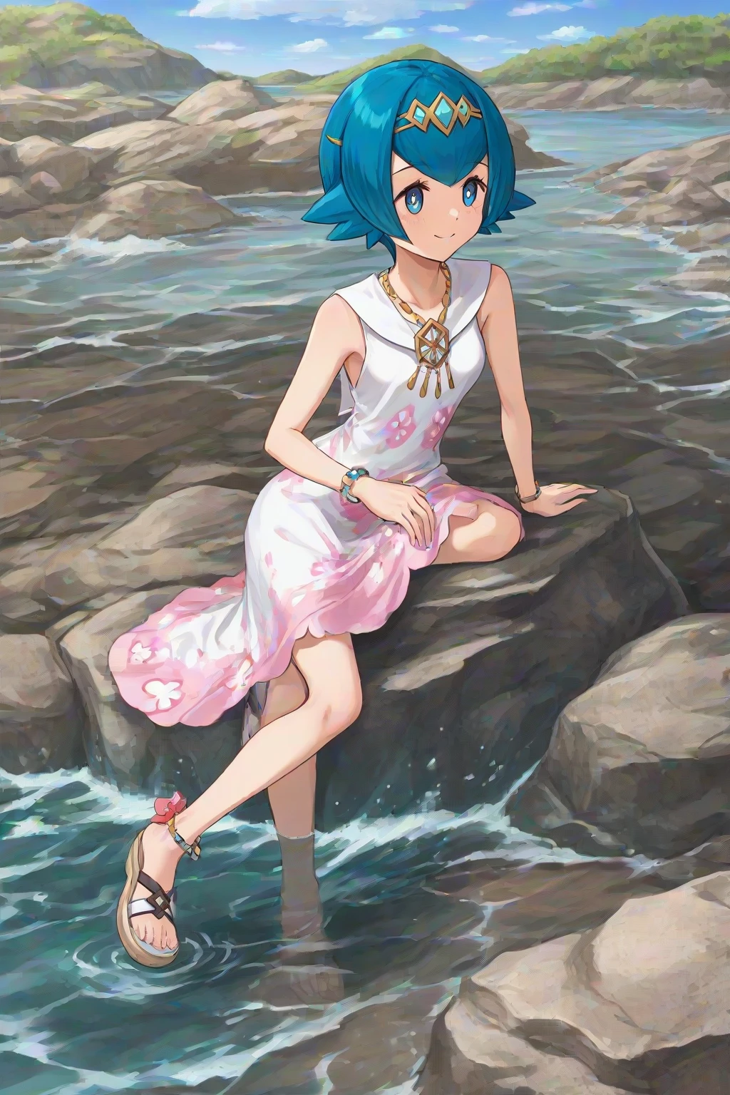 (hinosaki, miazi:0.4), (kutabireta_neko, kesoshirou, leveen:0.6), (s_zenith_lee:0.5), (1girl), solo, sitting, on rock, sea, feet_in_water, smile, [lana_\(pokemon\)], short_hair, blue_hair, hairband, sleeveless_dress, white_dress, [pink_dress] bracelet, jewelry, necklace, anklets, sandals, toes, official_alternate_costume, , masterpiece,amazing quality, very aesthetic, high resolution ,ultra-detailed, absurdres, newest,syglana