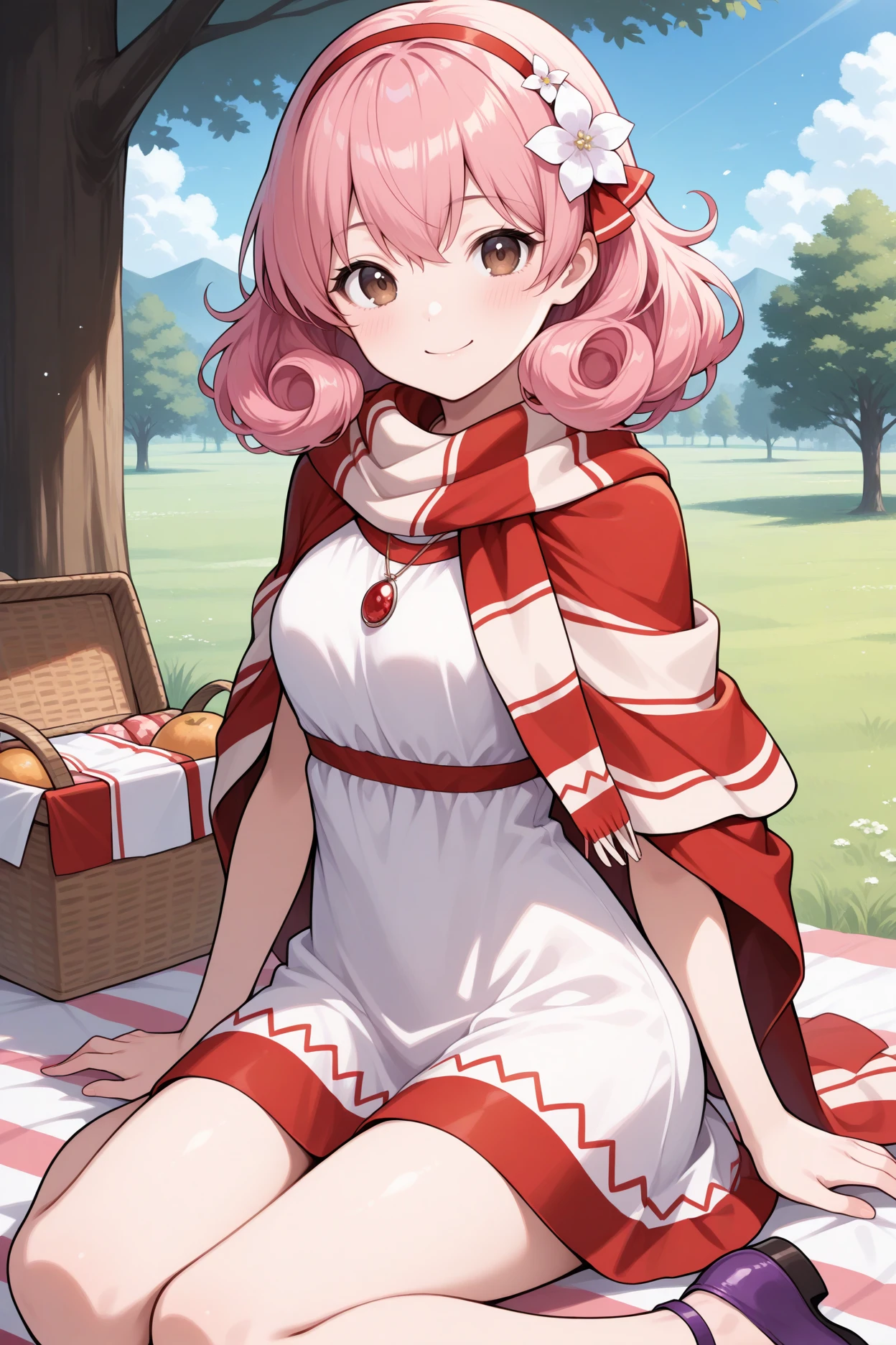 masterpiece, best quality, 1girl, solo,  <lora:fegenny-illu-nvwls-v1-000007:1> picgny, pink hair, curly hair, medium hair, brown eyes, hairband, pendant, hair flower, striped capelet, red and white scarf, red and white capelet, white dress, short dress, sleeveless dress, red stripe, looking at viewer, smile, sitting, purple shoes, picnic basket, blue sky, tree, smile, blush, yokozuwari