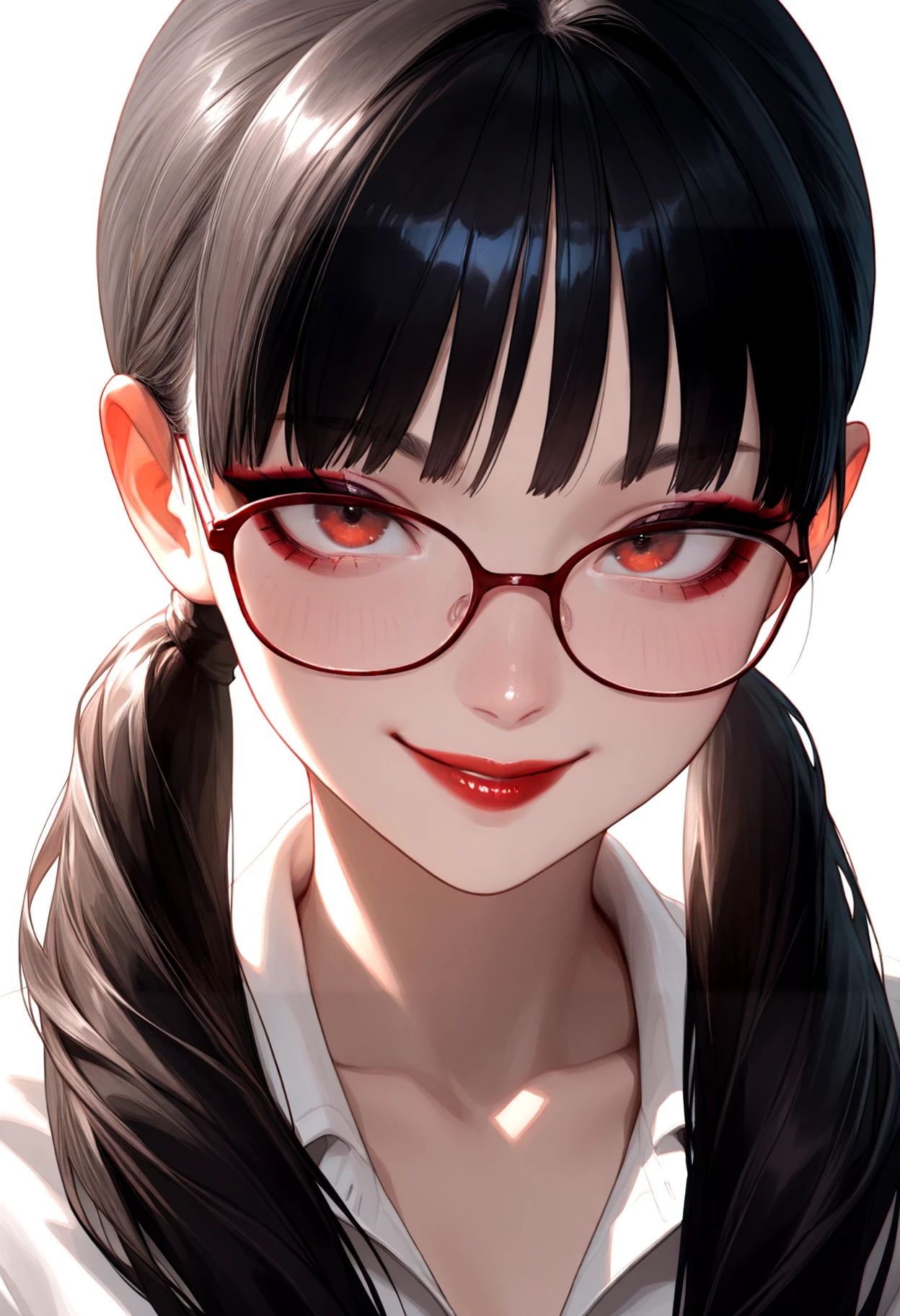 IllusP0s, 1girl, solo, portrait, face focus, asian, glasses, white shirt, smile, red lipstick, pigtails, eyeliner, 25 years old gorgeous supermodel kpop, soft lighting, subtle shadows
<lora:AnBanIllus_UnFlat:1.0>