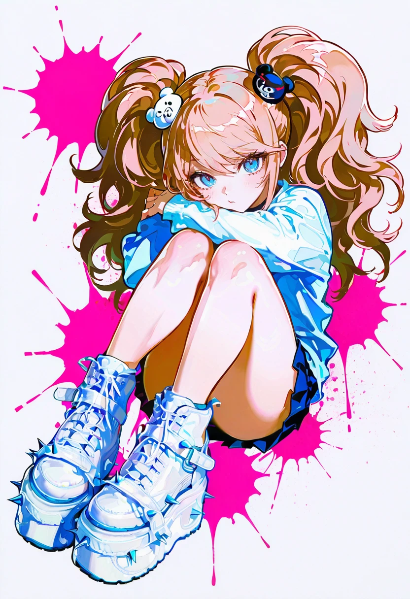 1girl,solo,looking at viewer,ikeda ruriko, yru platform shoes, sneakers, spikes, white footwear, enoshima_junko, pink splatter