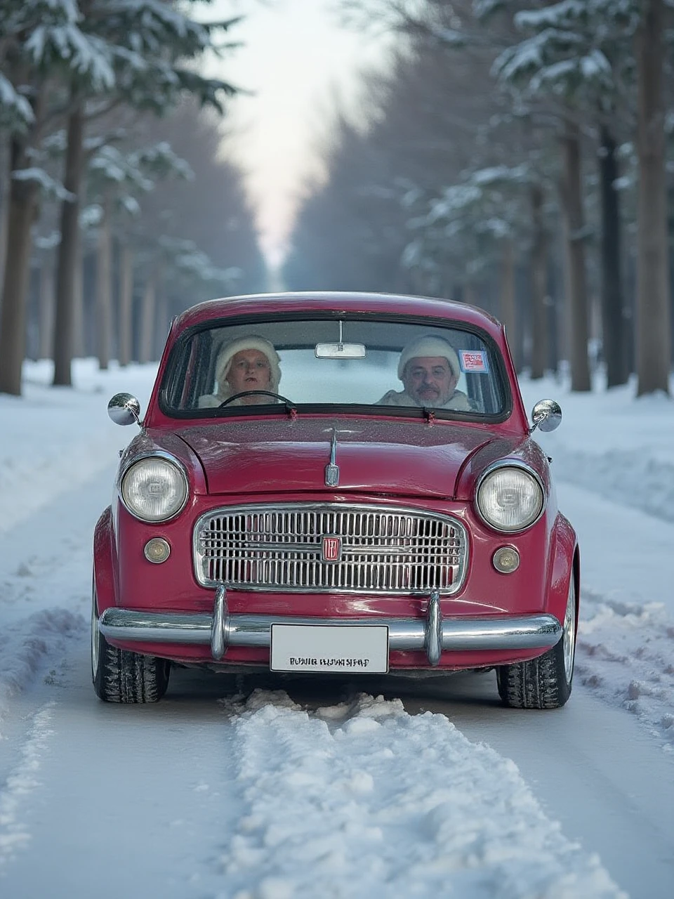 This is an automotive sports photography photo of Santa Claus driving a Christmas-colored Fiat 1100 car out of a Christmas forest in Siberia, where the car crashes into a snowman, and the camera just happens to capture the moment when the car crashes into the snowman to freeze the photo in motion.
coh24, Fiat 1100.