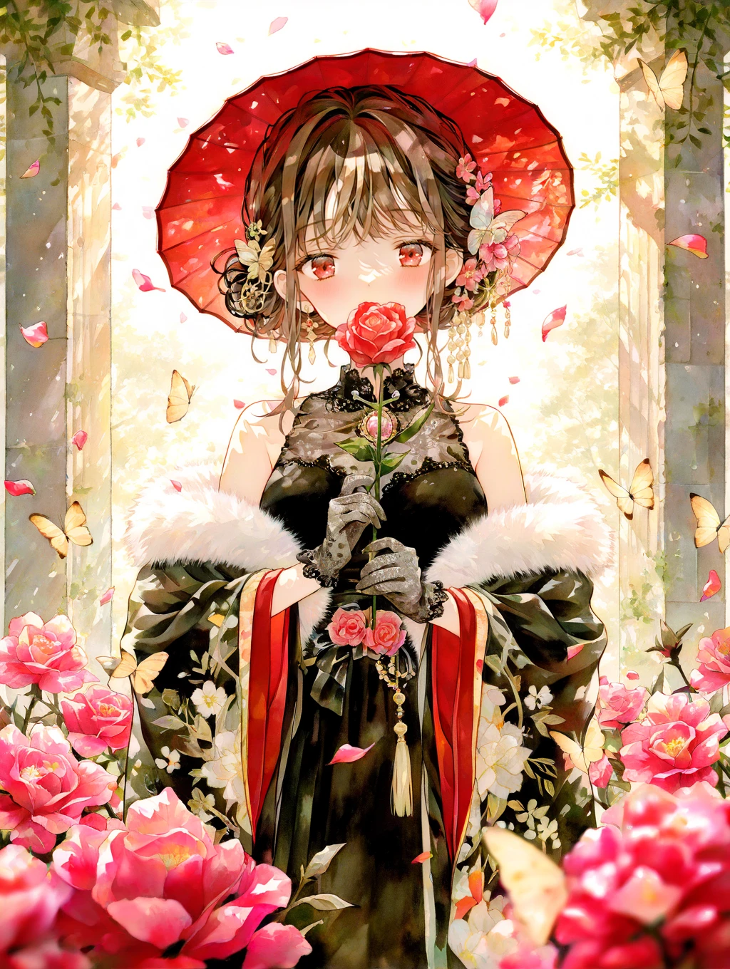 masterpiece,best quality,1girl,solo,absurdres,
1girl,flower,solo,gloves,holding,holding flower,hat,black gloves,red eyes,looking at viewer,blurry,outdoors,petals,brown hair,pink flower,bare shoulders,bangs,bug,wide sleeves,dress,hair ornament,butterfly,off shoulder,red flower,breasts,blush,depth of field,long sleeves,fur trim,sleeveless,standing,blurry foreground,lace trim,blurry background,lace,day,sidelocks,hair bun,sleeveless dress,medium breasts,japanese clothes,butterfly hair ornament,jewelry,kimono,brooch,red headwear,covered mouth,lace gloves,long hair,rose,
masterpiece,best quality,good quality,newest,year 2024,year 2023,very aesthetic,absurdres,Visual impact,A shot with tension,ultra-high resolution,32K UHD,sharp focus,best-quality,masterpiece,Emotionalization,unconventional supreme masterpiece,masterful details,temperate atmosphere,with a high-end texture,in the style of fashion photography,(Visual impact:1.2),impactful picture,offcial art,colorful,movie perspective,
<lora:yzl-illV1:0.8>,