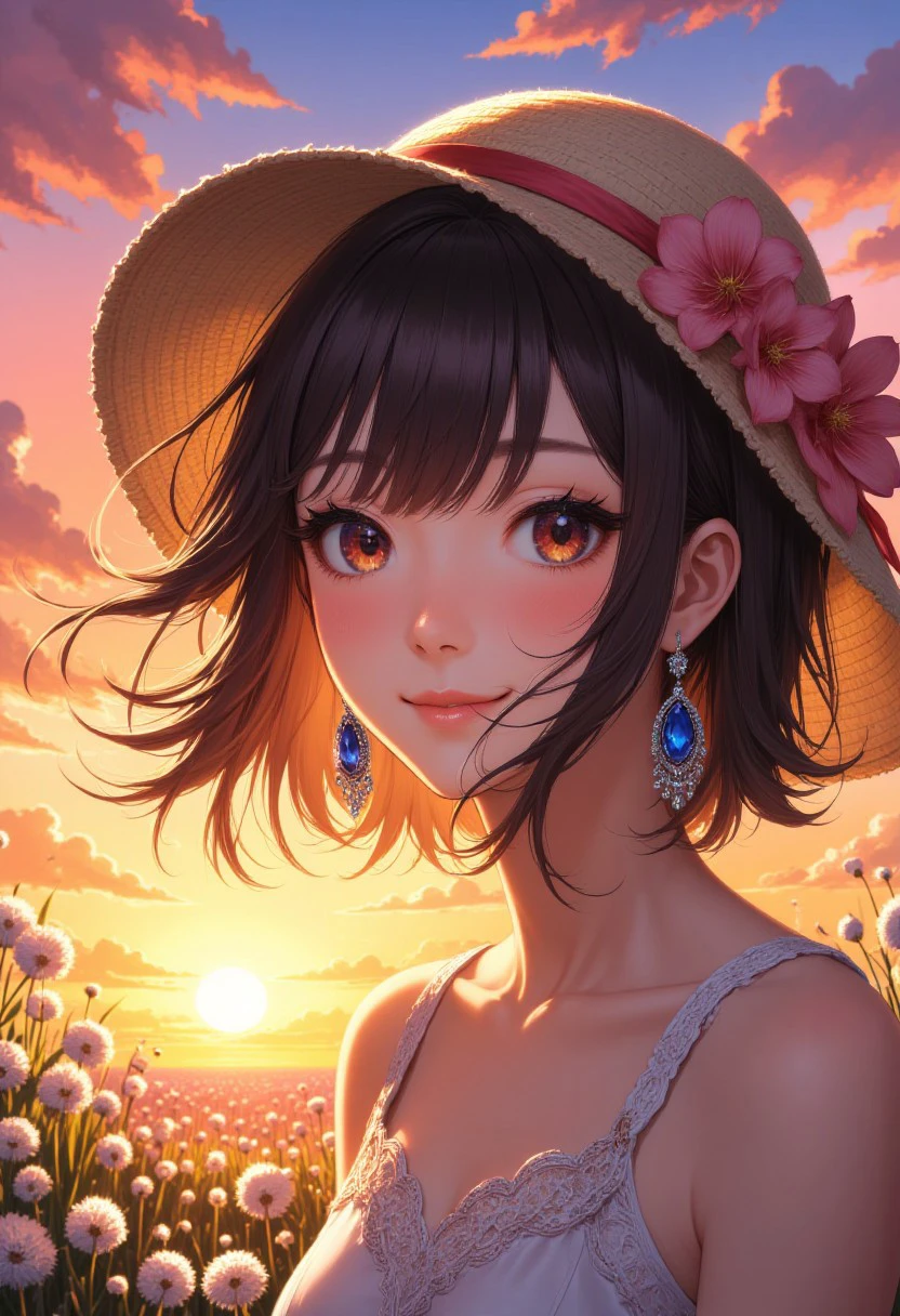 "Create a high-quality, extremely detailed digital artwork in a high-resolution, anime-inspired style. The portrait features a woman wearing a sun bonnet and large sapphire earrings. Her face is framed by the bonnet, which is adorned with delicate floral patterns. Her eyes are large and expressive, with a gentle, serene expression. The sapphire earrings are intricate and sparkle with a deep blue glow. The background is a vibrant, colorful sunset sky with hues of orange, pink, and purple, casting a warm, golden light on her face. The overall composition is both elegant and serene, highlighting the beauty and tranquility of the scene."