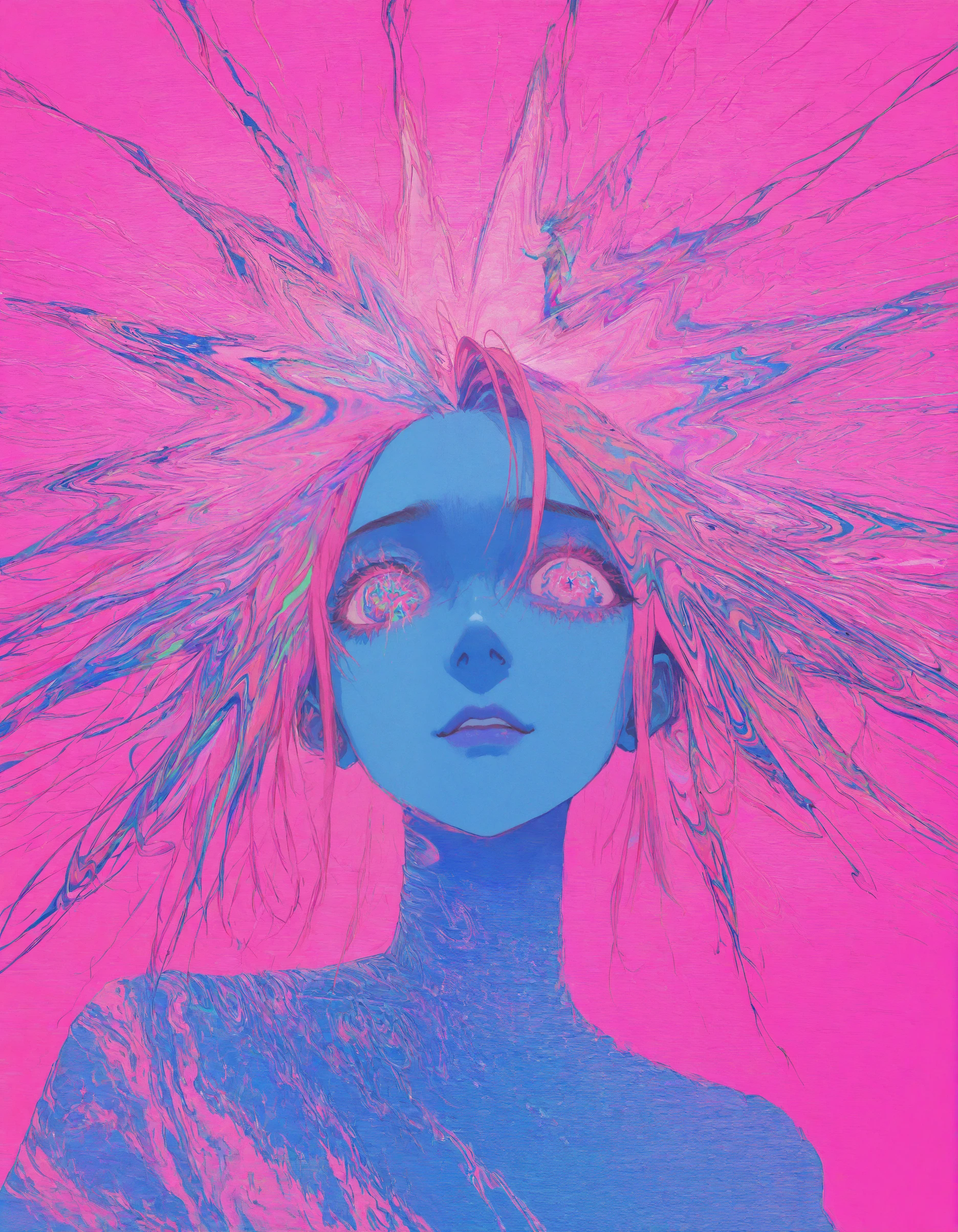 <lora:114558v4df2fsdf5:1>,Surreal portrait, vibrant colors, blue skin, colorful flowing hair, neon pink background, abstract heart, emotional expression, psychedelic art, digital painting, striking contrasts, ethereal energy, dream-like quality, introspective mood, flowing lines, dynamic composition
,<lora:69yottea_illu_v2:1>