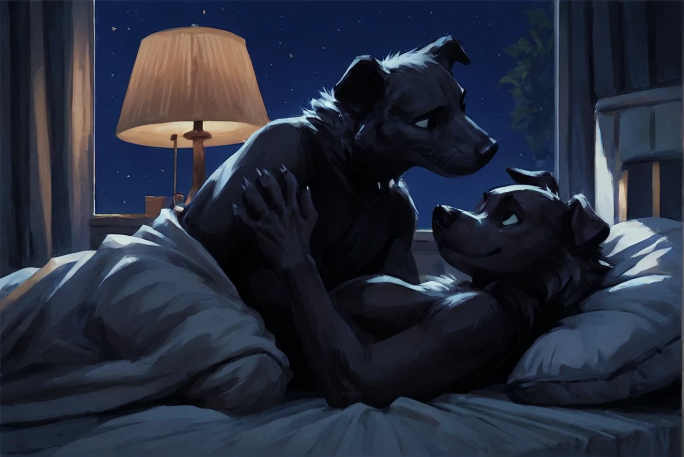 source_furry,  bedroom interior, bedroom, bed, night time, table lamp on, duo, female white dog laying on the bed looking at a black panther male hovering over, side view,
 <lora:Better_Kenket-000008:0.9>, score_9, score_8_up, score_7_up, score_6_up, score_5_up,