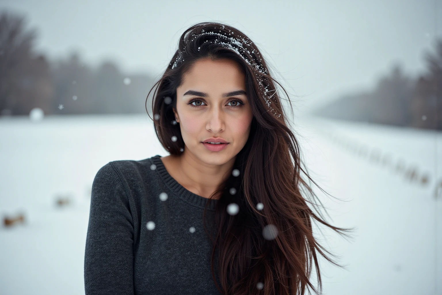 Full-length portrait of shraddhakaukohwx.  Her long, dark brown hair is adorned with falling snowflakes, creating a delicate and ethereal effect.  She wears a dark grey, knitted sweater, casual and simple in style.  Her expression is serene and thoughtful, with slightly downturned eyes conveying a sense of introspective calm. The subject is positioned in a portrait orientation, gazing directly at the camera.   The background is out-of-focus snow-covered landscape, suggesting a winter wonderland setting.  The scene is filled with soft, diffused light, creating a romantic and melancholic atmosphere with a grayscale color palette. The focus is sharply on the subject, with a shallow depth of field. The composition is centered on the subject ,creating a natural and intimate presentation, evoking a feeling of peaceful solitude. The light and shadows subtly accentuate the subject's features. Detail-oriented and minimalist aesthetic. A gentle sense of tranquility and serenity permeates the image.  
