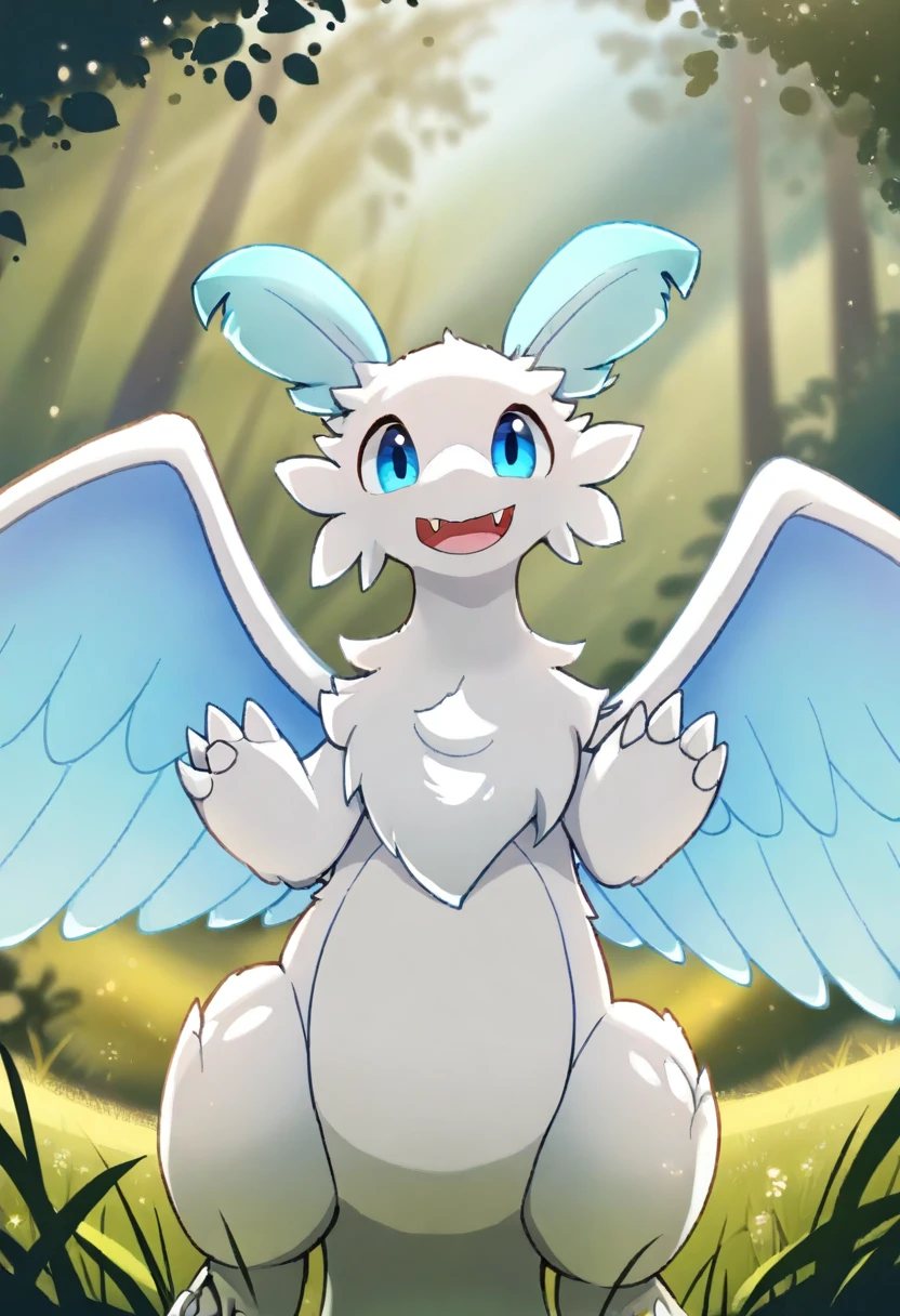 (masterpiece),(best quality),(ultra-detailed),very aesthetic,absurdres, newest,scenery, grass, outdoors, forest
<lora:Quivern_Palworld_Illustrious:1> qu1v3rn, blue eyes, white fur, white wings, light blue inner wings, white claws, light blue headfeathers, light blue tailfeather, white tail, long tail, claws, fangs
(looking at viewer:1.4), smile, happy, close up, cowboy shot, dancing
