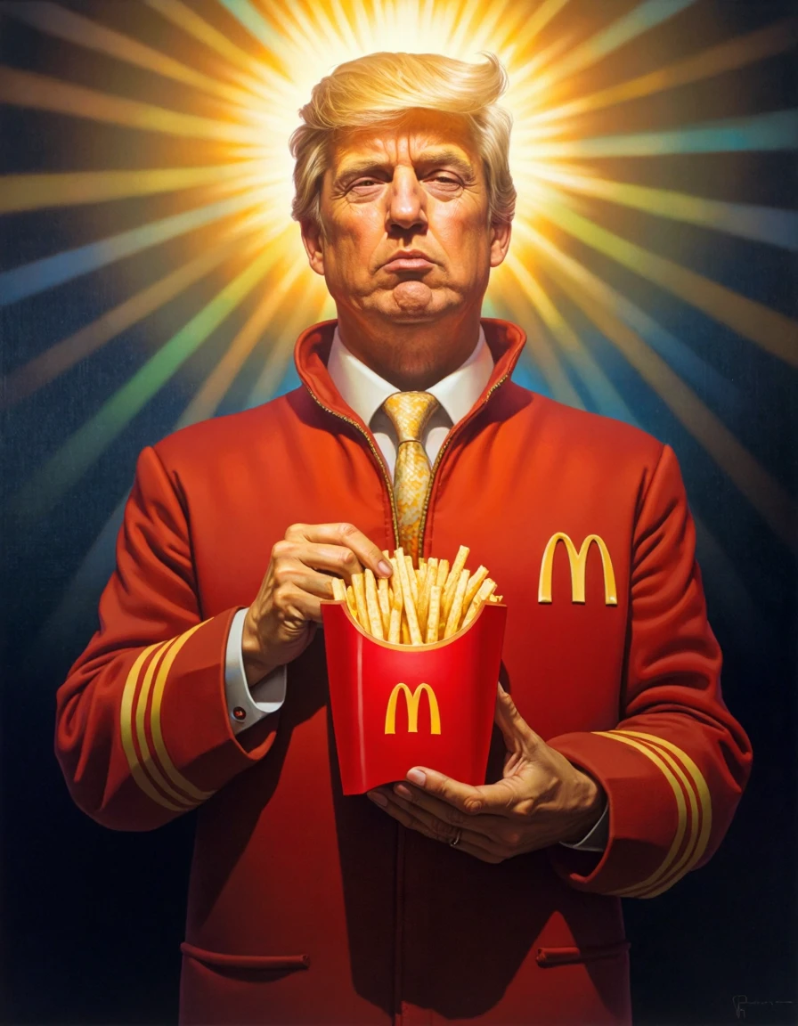 (thomasblackshear style painting) Donald Trump wearing McDonald's uniform, holding a carton of McDonald's fries, halo, god rays