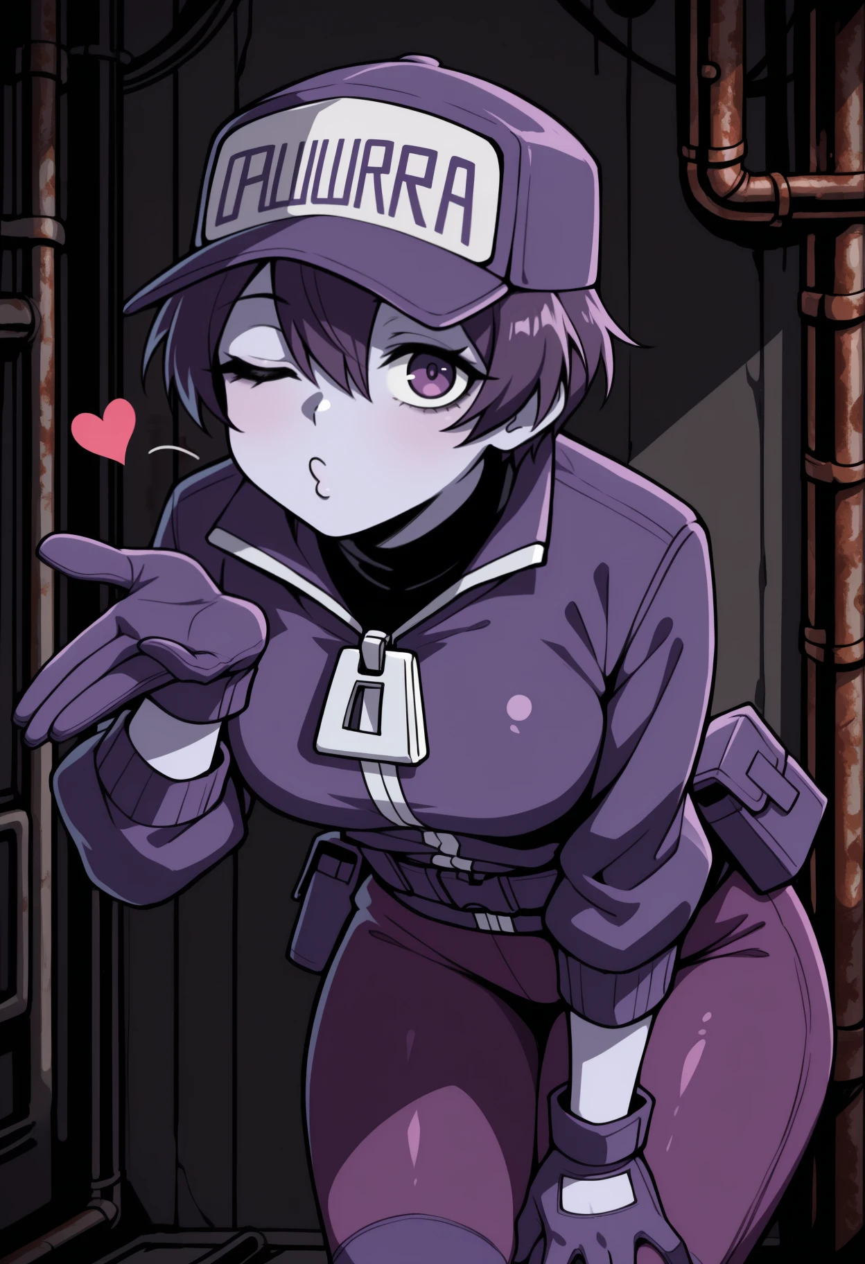 masterpiece, best quality, solo, 1girl, ulut, light purple skin, o3o, looking at viewer, standing, leaning forward, blowing kiss, hand on own thigh, short hair, hair between eyes, purple headwear, baseball cap, clothes writing, purple eyes, one eye closed, purple jacket, collared jacket, zipper pull tab, sleeves past elbows, purple gloves, purple belt, utility belt, belt pouch, purple pants, indoors, dark background, industrial pipe, rust, heart
<segment:yolo-face_yolov8m.pt,0.4,0.5//cid=1>