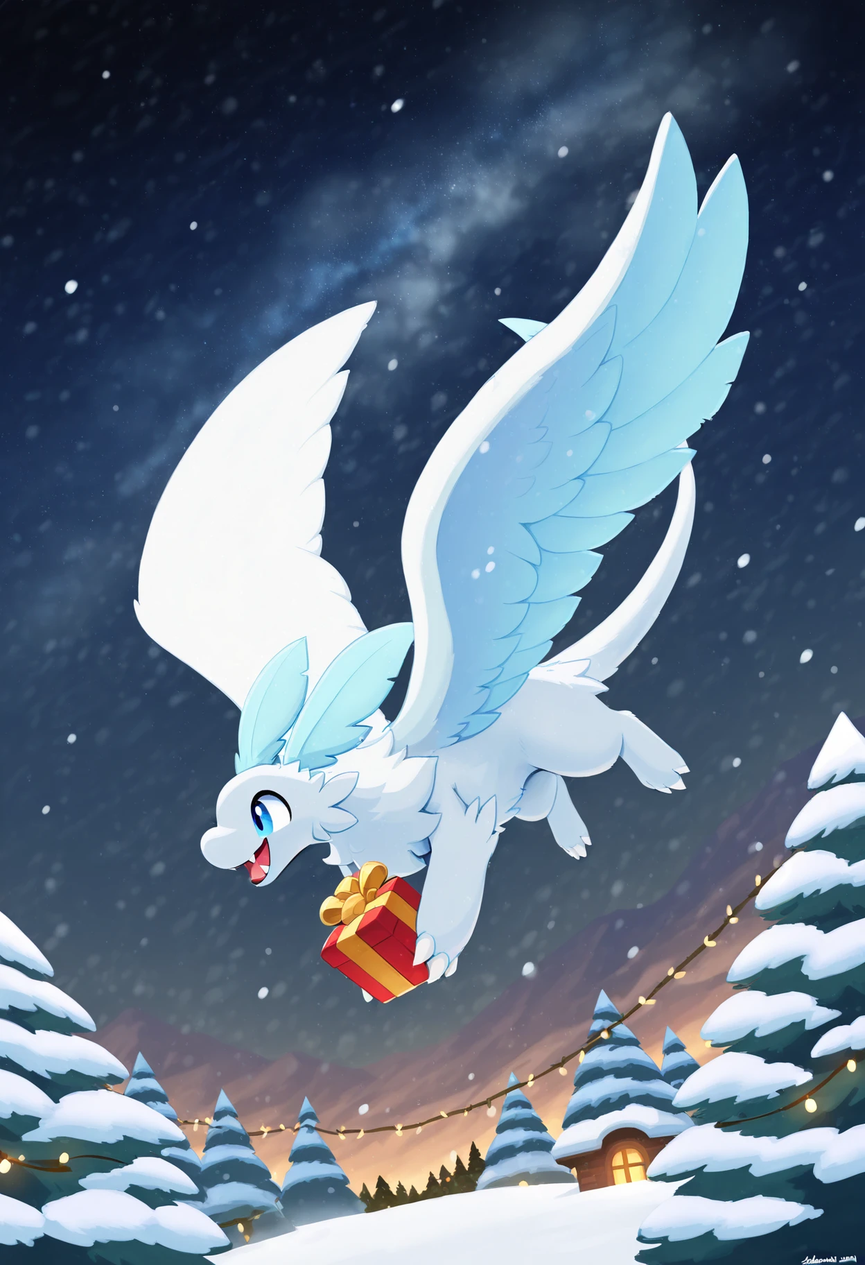 (masterpiece),(best quality),(ultra-detailed),very aesthetic,absurdres, newest,scenery, animal focus, pokemon \(creature\), snow, snowing, trees, christmas lights, christmas decorations, night, sky, stars
<lora:Quivern_Palworld_Illustrious:1> qu1v3rn, blue eyes, white fur, white wings, light blue inner wings, white claws, light blue headfeathers, light blue tailfeather, white tail, long tail, claws, fangs, wings
smile, flying, santa hat, holding gift, holding present, christmas gift