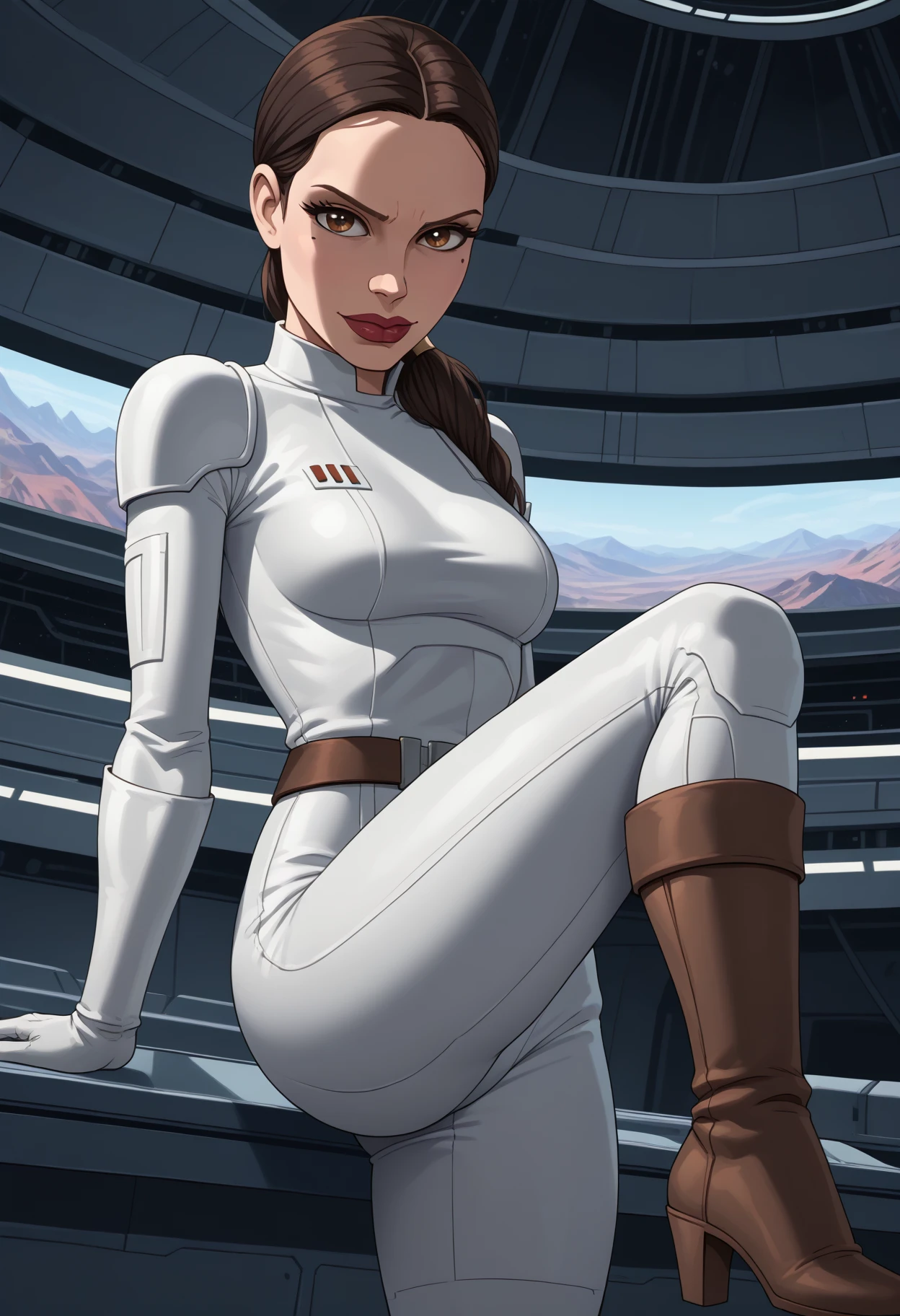 score_9,score_8_up,score_7_up,score_6_up,score_5_up,score_4_up,<lora:J._Scott_Campbell:1>,<lora:NM_padme_swcw:1>, BREAK 1girl, solo, NM_padme_swcw, brown eyes, black hair, long hair,  ponytail, perfect eyes, seductive face, seductive smile, big lips, ass, breasts, mole under eye, mole, makeup,  lipstick, white bodysuit, belt, high heel boots,  BREAK spaceship background, in space, future, star wars, looking at viewer