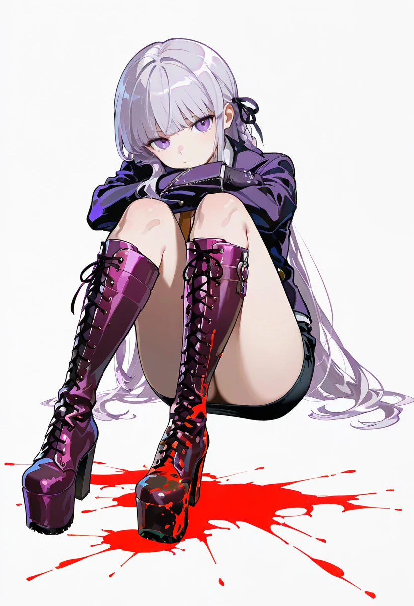 1girl,solo,looking at viewer,ikeda ruriko, sq platform heels, guru,blood on clothes, red splatter,lace-up boots,kirigiri_kyoko,