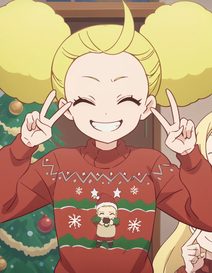 score_9, score_8_up, score_7_up, source_anime, <lora:lemone-juicy-s1-ponyxl-lora-nochekaiser:1>, lemone juicy, blonde hair, yellow eyes, ahoge, hair bun, double bun, anime screencap,, <lora:christmas-sweater-ponyxl-lora-nochekaiser:1>, christmas sweater, christmas, ugly sweater, print sweater, red sweater, christmas tree, christmas ornaments, sweater, multicolored sweater, , v, smile, hands up, teeth, closed eyes, cowboy shot,, , dutch angle, cowboy shot