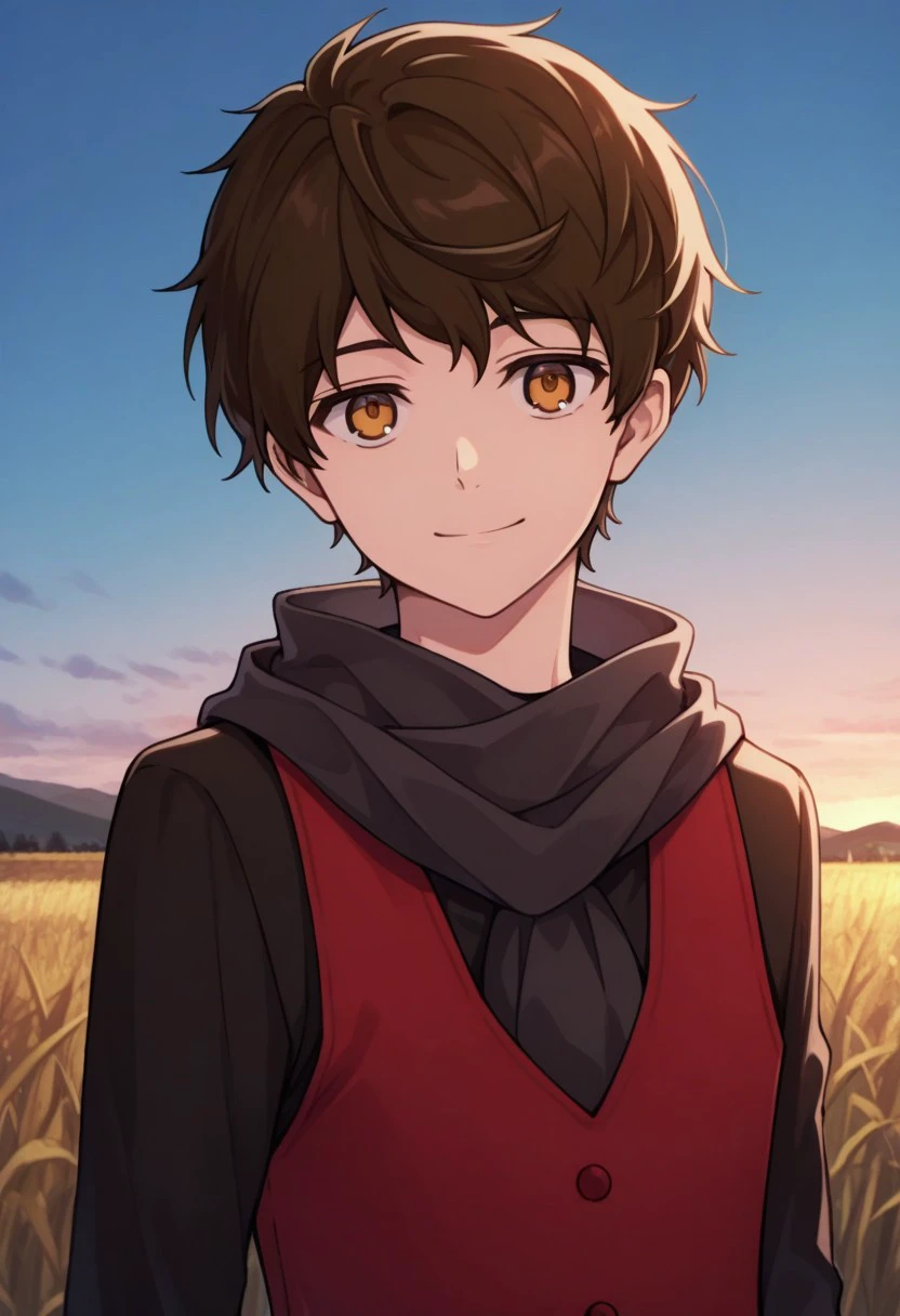 masterpiece, best quality, 
baamtg, 1boy, male focus, solo, brown eyes, brown hair, short hair, bangs, shirt, black shirt, long sleeves, scarf, black scarf, vest, red vest, smile, looking at viewer,
outdoor, sky,