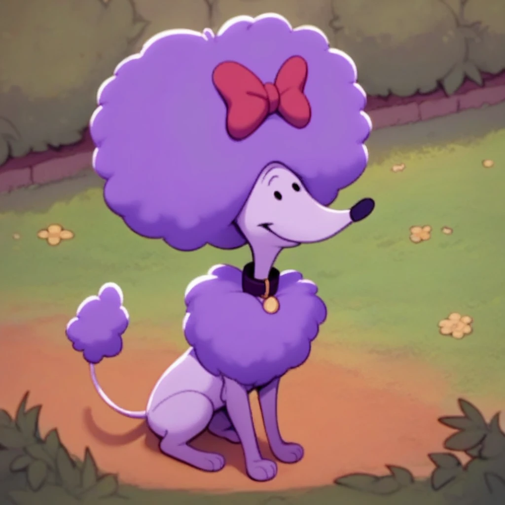 score_9, score_8_up, score_8, score_7, source_cartoon, cleo(cbrd), solo, 1girl, feral, dog, dog girl, poodle, purple fur, purple hair, purple chest fluff, thin tail, red hair bow, black collar, dot eyes, full body, looking at viewer, sitting, smiling, park setting,