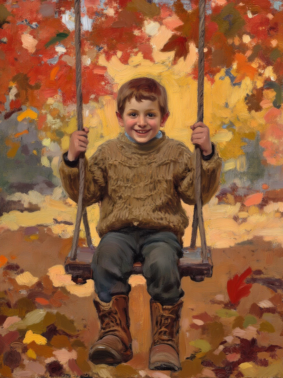 An oil painting, showing a young boy sitting on a tree swing surrounded by autumn leaves. He wears a knitted sweater in earthy tones and brown boots. The background is a blend of fiery reds, oranges, and yellows, capturing the crisp beauty of fall. The composition is centered on the boy’s cheerful face, with bold, textured brushstrokes conveying the motion of the swing and the falling leaves.