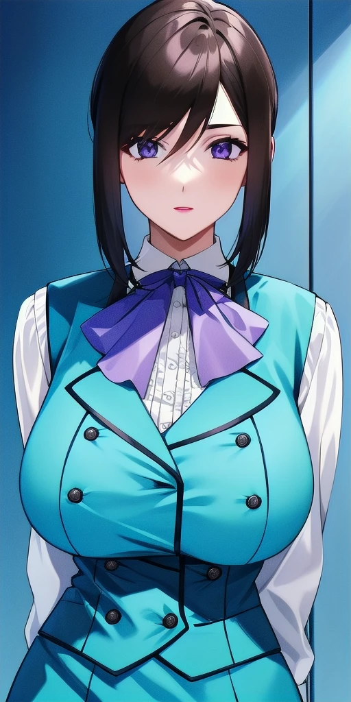 <lora:LinnaYamazakiV3:0.7> linna_yamazaki, huge_breasts, standing, solo, starry_sky, arms_behind_back, white_collared_shirt_purple_ascot_aqua_pencil_skirt_aqua_vest, masterpiece, best_quality, detailed_face, detailed_eyes, highres, beautiful, detailed, absurdres,