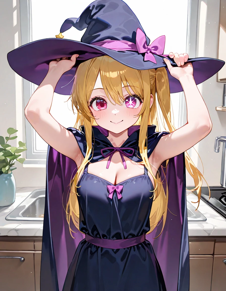 masterpiece, best quality, amazing quality, very aesthetic, newest, general, 
solo, hoshino ruby, oshi no ko, pink eyes, hair between eyes, star-shaped pupils, mismatched pupils, blonde hair, long hair, sidelocks, one side up, medium breasts, smile, 
witch dress, witch hat, witch cape, cleavage, standing, arms up, 
Kitchen, 
(ningen mame:0.65), (ciloranko:0.7), (blvefo9:0.4), (ebifurya:0.55), (ke-ta:0.5), (ikeda kazumi:0.25), (zen \(kamuro\):0.55), (ishikei:0.3), <lora:nyalia:0.15>, <lora:dj_sloppa_ill_v2:0.3>,