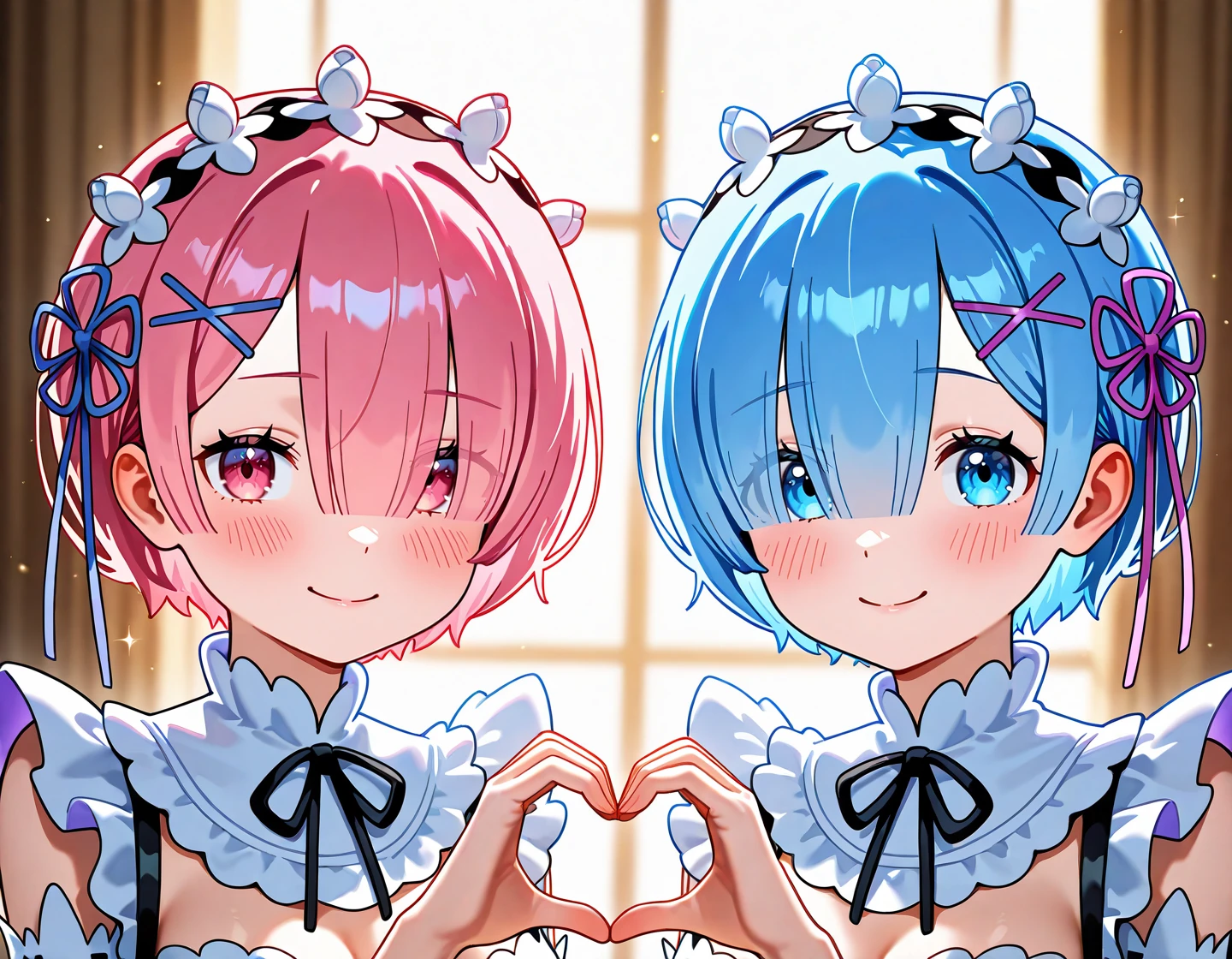 masterpiece, best quality, absurdres, highres, newest, general,
2girls, re:re:zero kara hajimeru isekai seikatsu, 
rem \(re:zero\), medium breasts, smile, blush, maid, heart hands duo, 
ram \(re:zero\), small breasts, smile, blsuh, maid, heart hands duo, 
indoors, bedroom, 
<lora:nyalia:0.15>, <lora:dj_sloppa_ill_v2:0.3>,