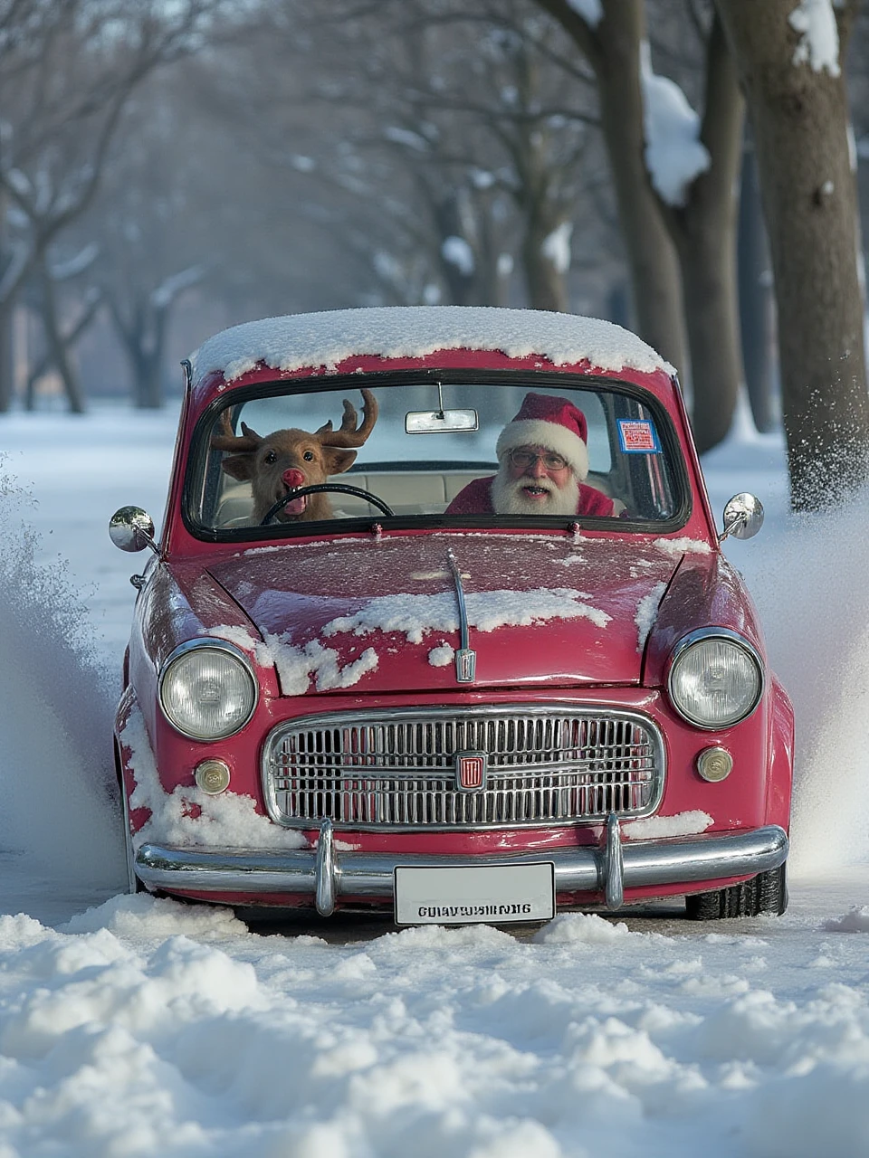 This is an automotive sports photography photo of a racy Christmas-colored Fiat 1100 car crashing into a snowman, and the camera happened to capture the momentary freeze-frame photo of the car ramming into the snowman in all its motion. Inside the car were a Santa Claus driver and a reindeer co-pilot, their mouths open, eyes wide and tongues hanging out in shock.
coh24, Fiat 1100.