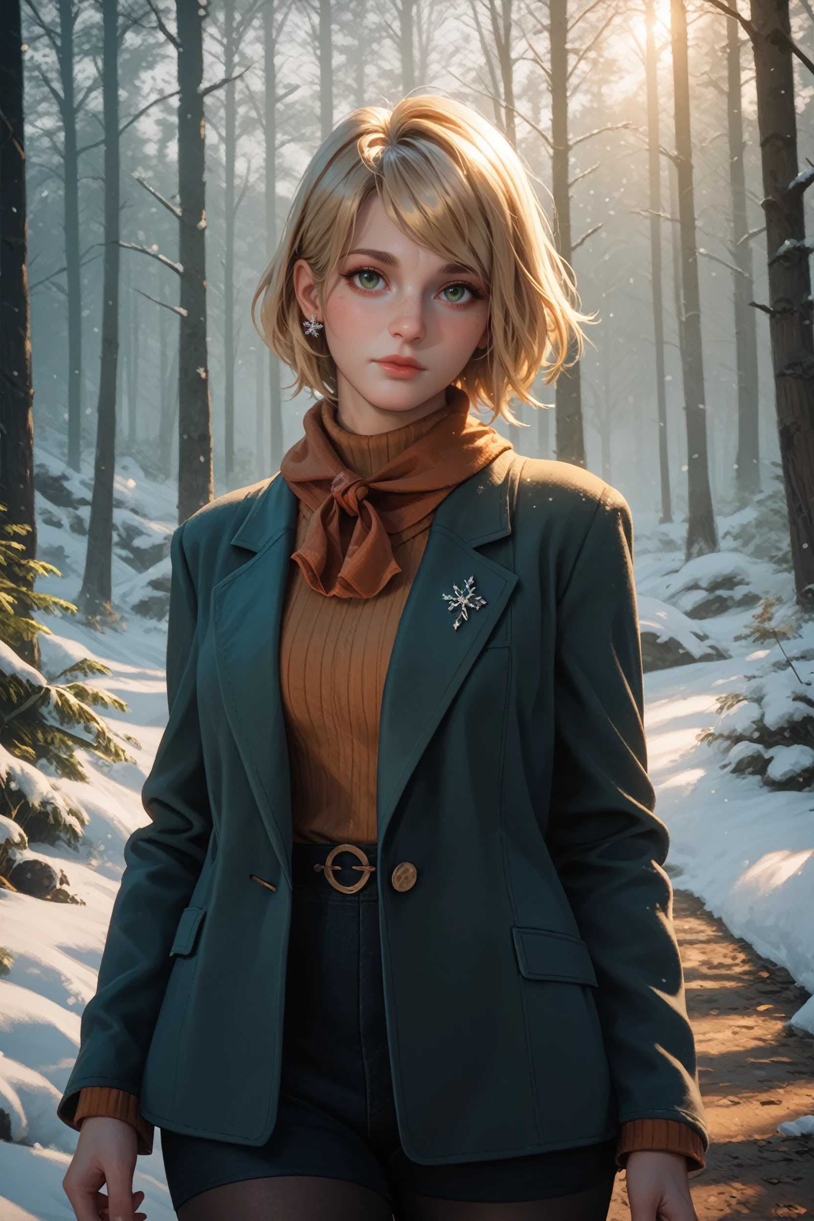 score_9, score_8_up, score_7_up, score_6_up
<lora:RE4RAshley:0.8>
RE4Ashley, 1girl, blonde hair, medium hair, green eyes, looking at viewer, snowy forest environment, late morning environment, serene theme, snowflakes gently falling, standing on a path through the woods, soft cool lighting