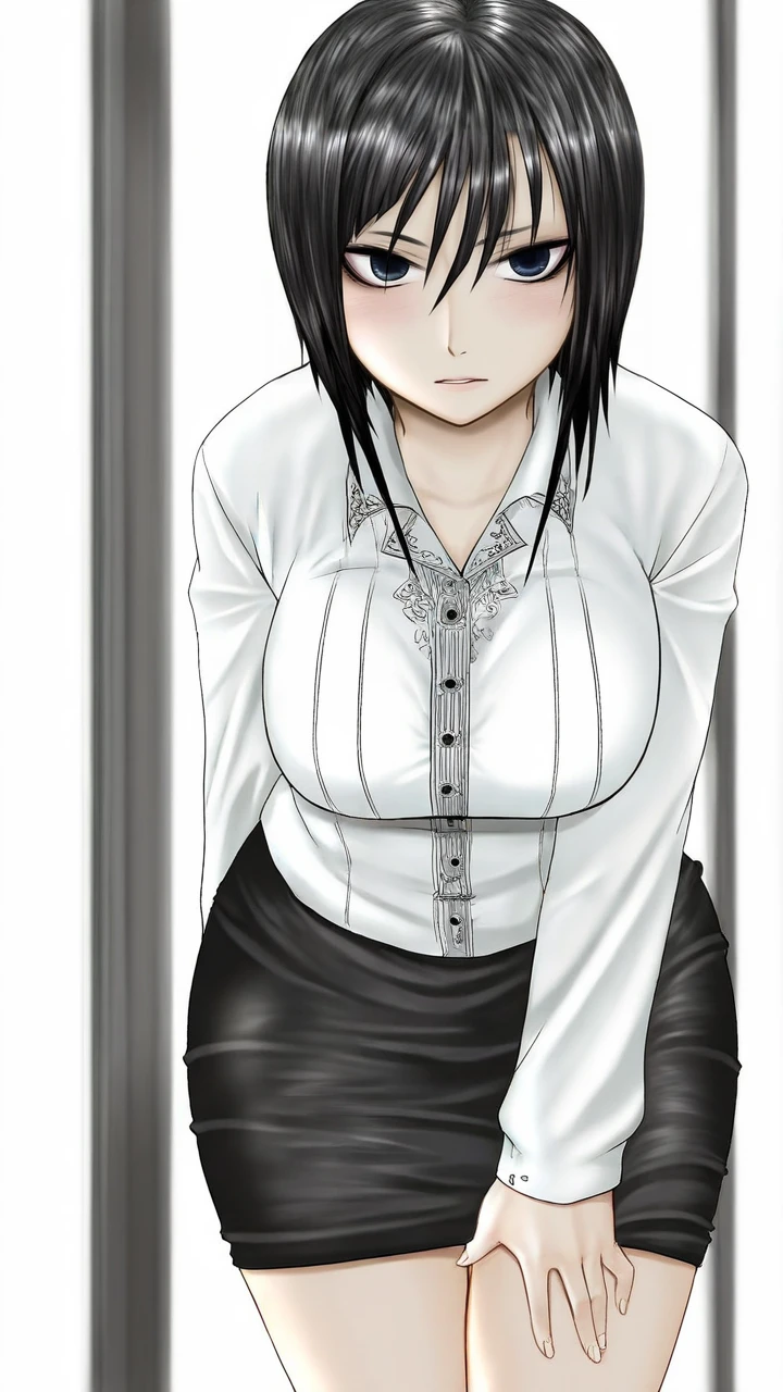 kangoshichou sb, black hair, short hair, hair between eyes, constricted pupils, black eyes, nurse, nurse cap, short sleeves, white latex gloves, hospital private room
