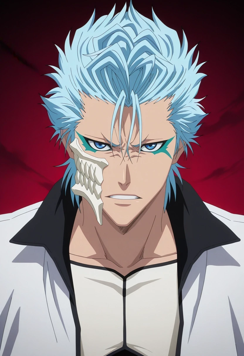 masterpiece, best quality, intricate details, anime screencap, anime coloring, , looking at viewer, , 1boy, solo, male focus, <lora:grimmjow_jaegerjaquez_ilxl:0.98>, grimmjow_jaegerjaquez, blue hair, blue eyes, facial mark, arrancar, mask, short hair, , ,