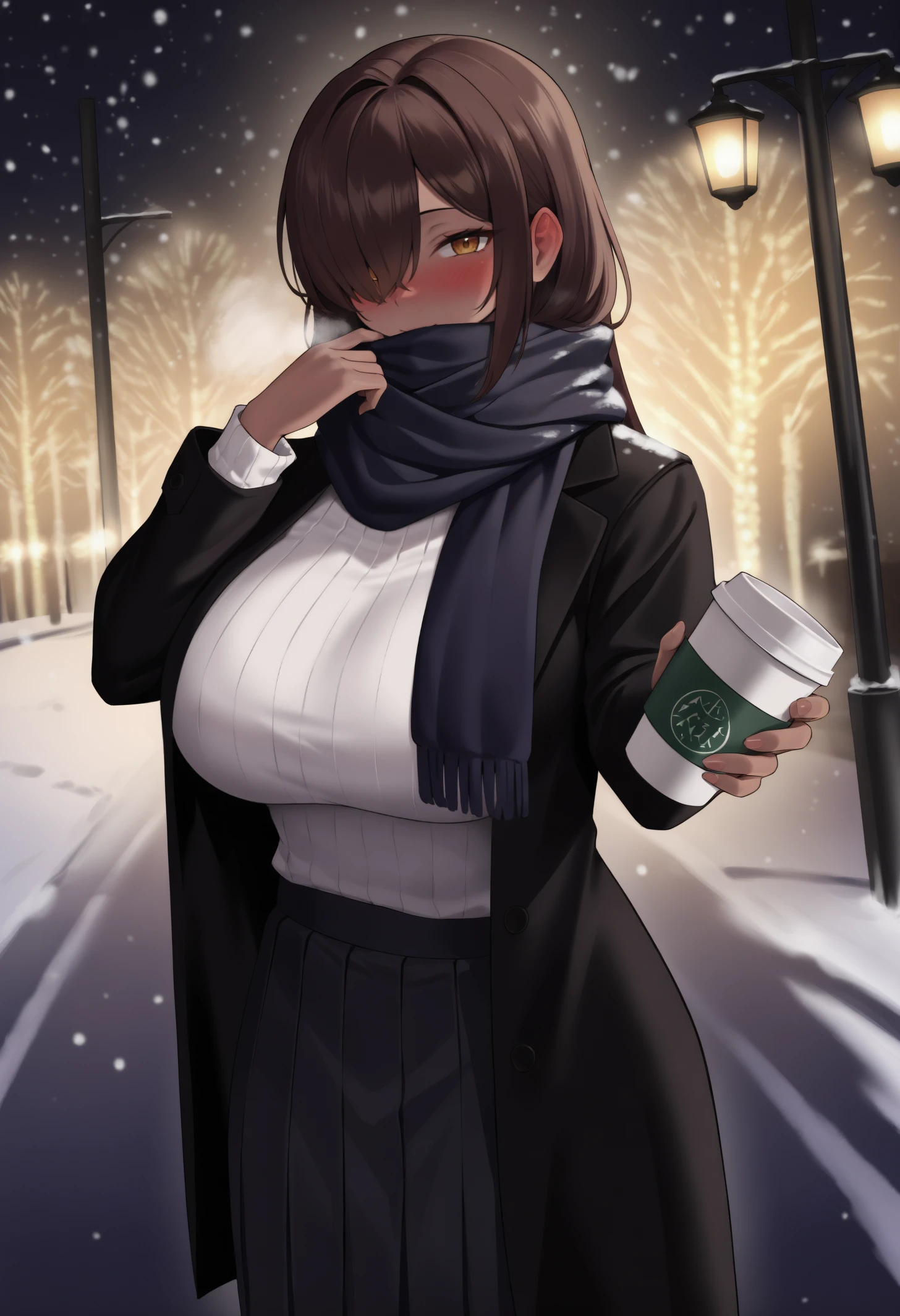 masterpiece, best quality, 1girl,  jelonged, dark-skinned female, large breasts, amber eyes, brown hair, hair intakes, hair over one eye, one eye covered, long hair, night, outdoors, snowing, street, street lamp, christmas, scarf, scarf over mouth, white sweater, black coat, open coat, pleated skirt, black skirt, long skirt, hand in scarf, looking at viewer, blush, ear blush, holding coffee cup, incoming drink<segment:yolo-Anzhc Face seg 640 v2 y8n.pt,0.4,0.3//cid=1><segment:yolo-Anzhc Breasts Seg v1 1024m.pt,0.4,0.3//cid=2>