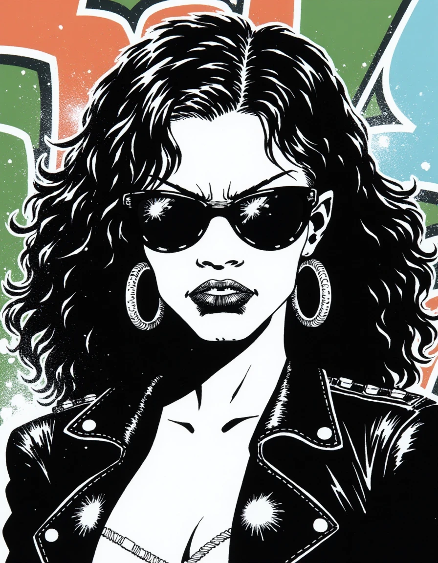 A disncty noir style comic illustration, stark black-and-white contrast, Close-up of a confident young woman with long, wavy black hair cascading around her shoulders. She wears dark sunglasses that reflect light, hiding her eyes and adding an air of mystery. Her expression is bold and fierce, with slightly pursed lips and a strong jawline. Dangling from her ears are large circular earrings, catching light and adding shine. She has a stylish leather jacket with prominent shoulder details, conveying an edgy look. The background features colorful graffiti art, with splashes of green and blue, creating a stark contrast against her black hair and the darker elements of her outfit. The lighting is high-contrast, emphasizing her features and the texture of her hair and clothing. The overall emotion conveyed is defiance and individuality.,<lora:sin-city_v20-000120:1>