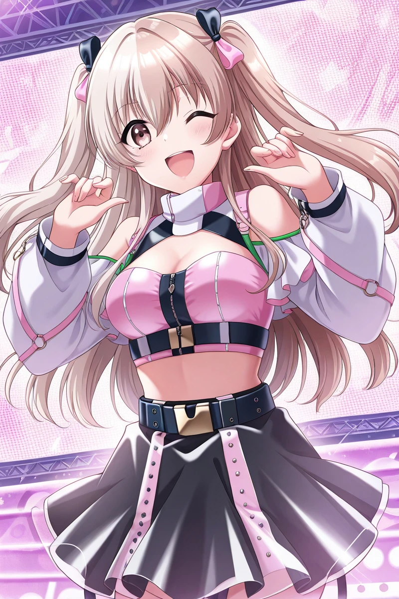 masterpiece, best quality,
 <lora:KokoaIL_r1:1> kokoa, 1girl, solo, skirt, one eye closed, long hair, smile, ;d, black skirt, long sleeves, breasts, brown eyes, two side up, stage outfit, on stage