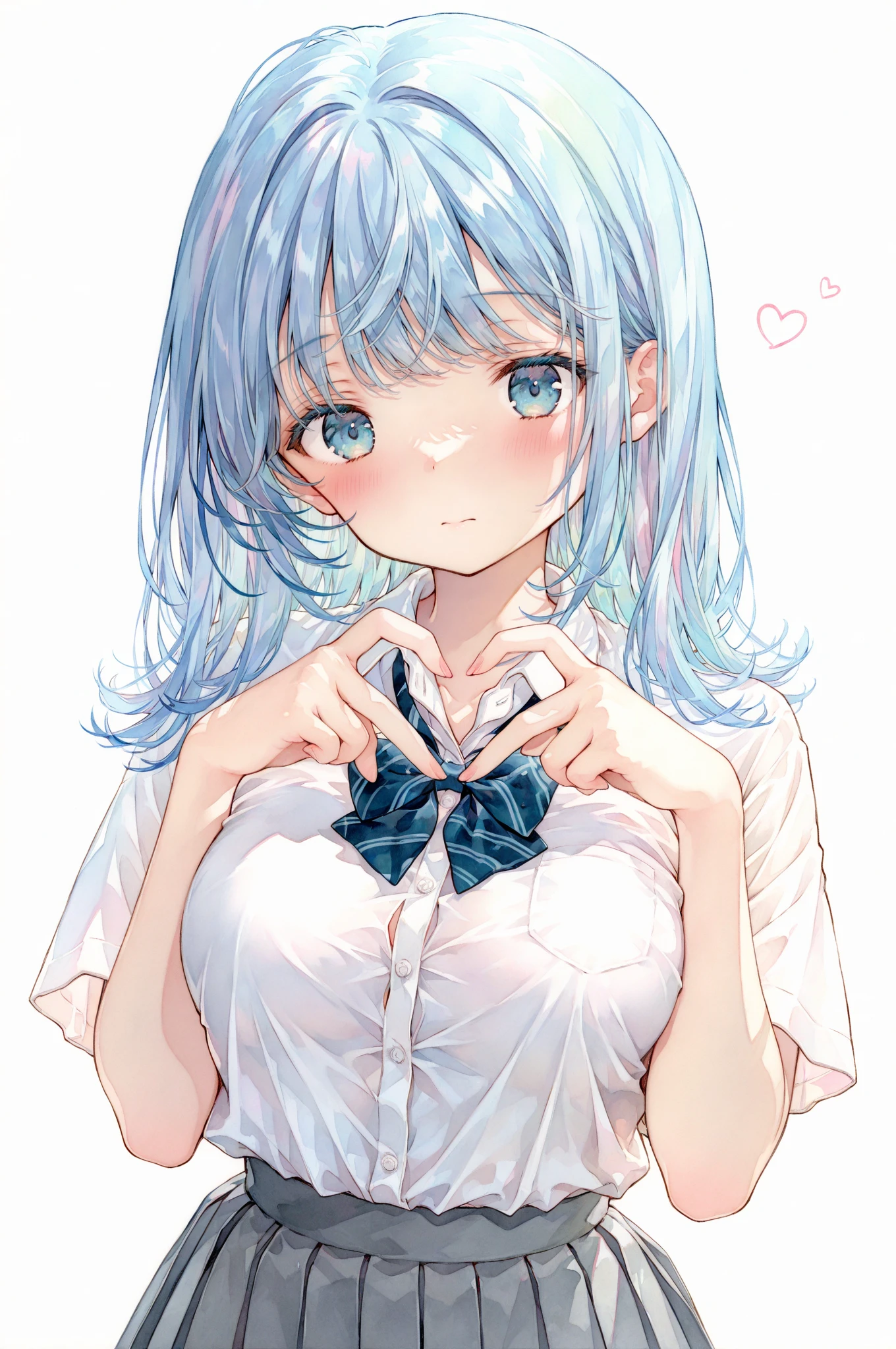 masterpiece,best quality,1girl,solo,absurdres,
1girl,heart,solo,heart hands,blue eyes,blue hair,skirt,bow,white background,simple background,shirt,school uniform,short sleeves,looking at viewer,white shirt,pleated skirt,bowtie,blue bow,bangs,blush,grey skirt,breasts,yellow bow,collared shirt,closed mouth,medium hair,hands up,long hair,
masterpiece,best quality,good quality,newest,year 2024,year 2023,very aesthetic,absurdres,Visual impact,A shot with tension,ultra-high resolution,32K UHD,sharp focus,best-quality,masterpiece,Emotionalization,unconventional supreme masterpiece,masterful details,temperate atmosphere,with a high-end texture,in the style of fashion photography,(Visual impact:1.2),impactful picture,offcial art,colorful,movie perspective,
upper body,<lora:yzl-illV1:0.8>,