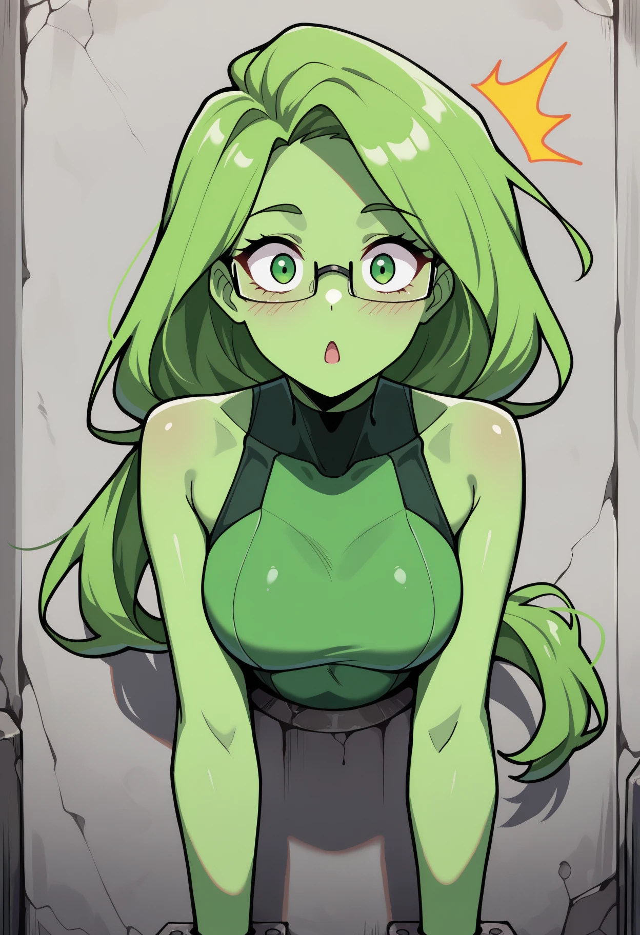 masterpiece, best quality, upper body, solo, 1girl, zfzm, green skin, surprised, looking at viewer, through wall, long hair, green hair, green eyes, glasses, semi-rimless eyewear, green bodysuit, sleeveless bodysuit, bare shoulders, concrete wall