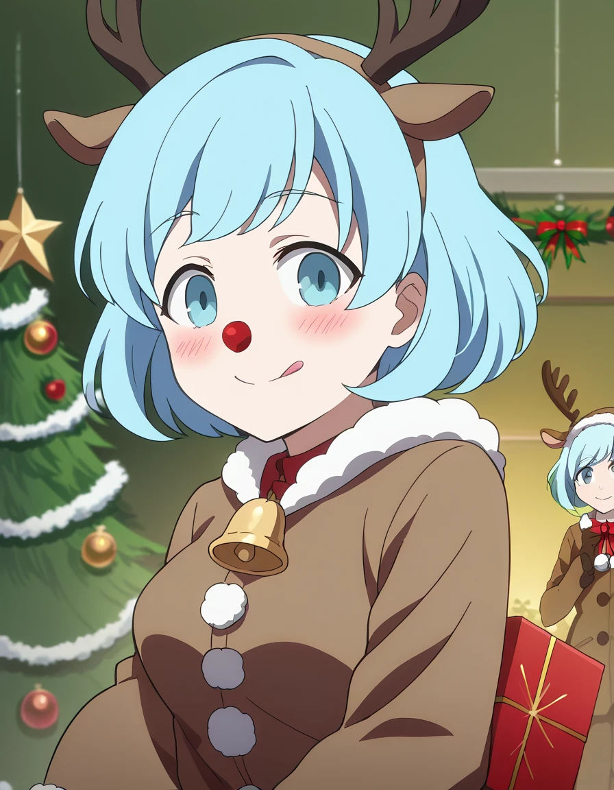 score_9, score_8_up, score_7_up, source_anime, <lora:meru-shirayama-s1-ponyxl-lora-nochekaiser:1>, meru shirayama, short hair, blue eyes, blue hair, medium breasts, anime screencap,, <lora:reindeer-costume-ponyxl-lora-nochekaiser:1>, reindeer costume, animal costume, reindeer antlers, antlers, fake antlers, reindeer hood, christmas, red nose, deer ears, deer tail, christmas tree, bell, horns, reindeer,, blush, smile, tongue out, looking at viewer,, , dutch angle, cowboy shot