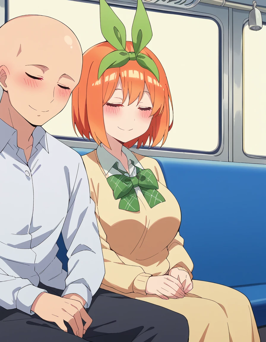 score_9, score_8_up, score_7_up, source_anime, <lora:yotsuba-nakano-s2-ponyxl-lora-nochekaiser:1>, yotsuba nakano, bangs, short hair, hair ribbon, hairband, orange hair, green ribbon, large breasts,, <lora:leaning-on-person-side-by-side-ponyxl-lora-nochekaiser:1>, leaning on person side-by-side, sitting, hetero, sleeping, couple, train interior, leaning on person, school uniform, faceless male, bald, faceless, smile, blush, closed eyes,,