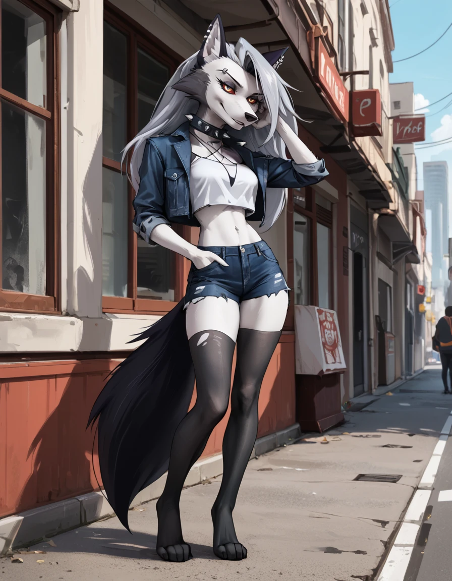 score_9,score_8_up,score_7_up,
outdoors,city,
full body,seductive smile,parted lips,long eyelashes,pose,standing,
denim shorts, torn thighhighs, crop top, denim jacket, 
<lora:add-detail-xl:1>,
<lora:L00na_v03_PDXL:1>,L00na,1girl,solo,furry female,wolf girl,red eyes,colored sclera,red sclera,grey hair,long hair,bangs,wolf ears,wolf tail,body fur,grey fur,two-tone fur,white fur,spiked collar,snout,animal nose,eyebrow piercing,ear piercing,