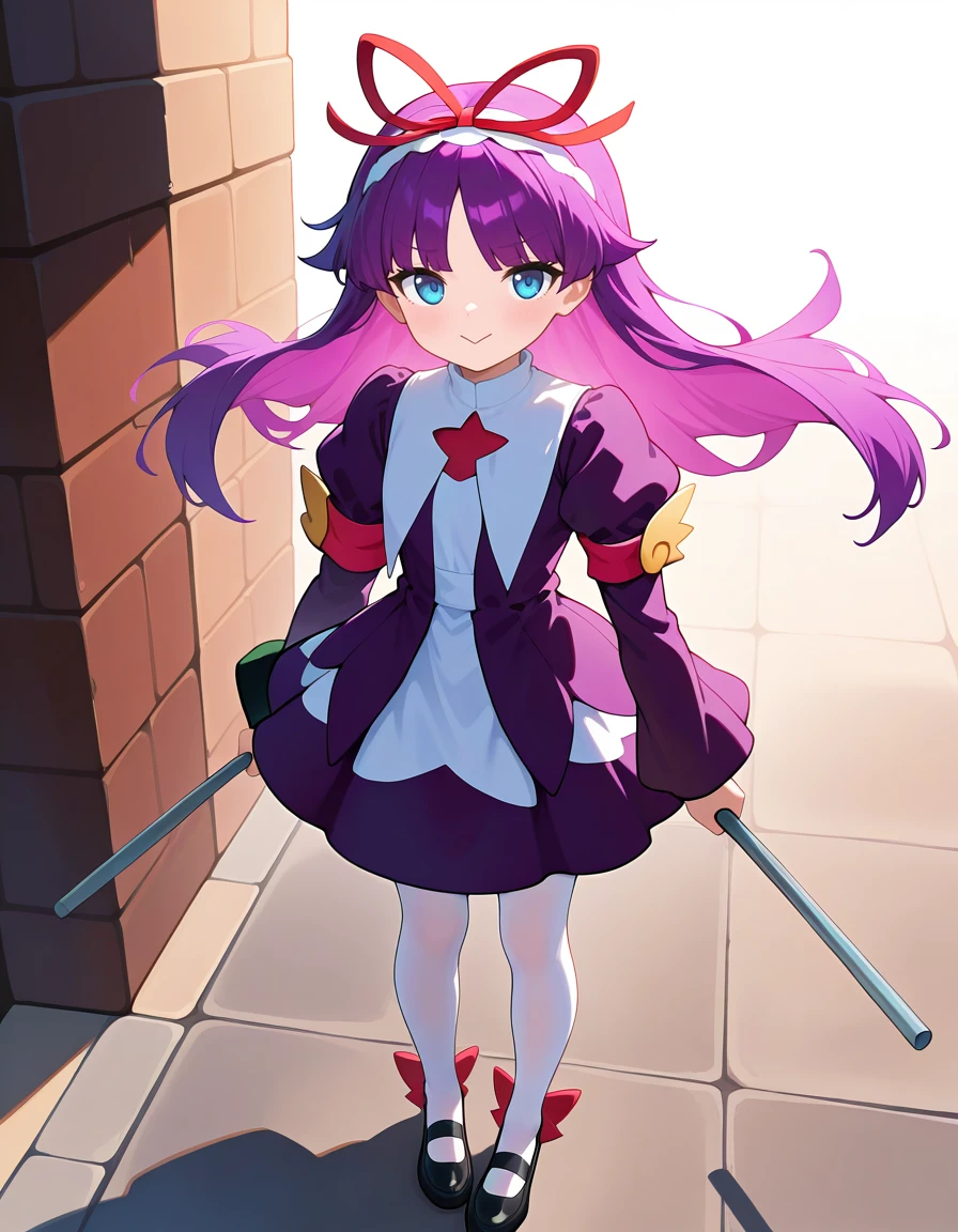 <lora:PFeli_SDXL_Illustrious01_fp16_ver01:1>,PFeli, 1girl, long hair,purple hair, pantyhose, dress,red ribbon, blue eyes, black footwear,long sleeves, red bow,hairband,:>,dowsing rod,newest, masterpiece, best quality, very aesthetic, absurdres,<lora:detailed_hands:1>,hand