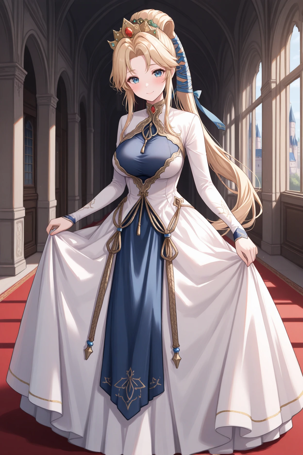 masterpiece, best quality, 1girl, solo,  <lora:fenyna-illu-nvwls-v1-000007:1> nyna, high ponytail, blonde hair, hair ribbon, crown, white dress, long dress, long sleeves, large breasts, skirt hold, closed eyes, smile, blush, bowing, looking at viewer, hallway, castle, mansion, red carpet, indoors