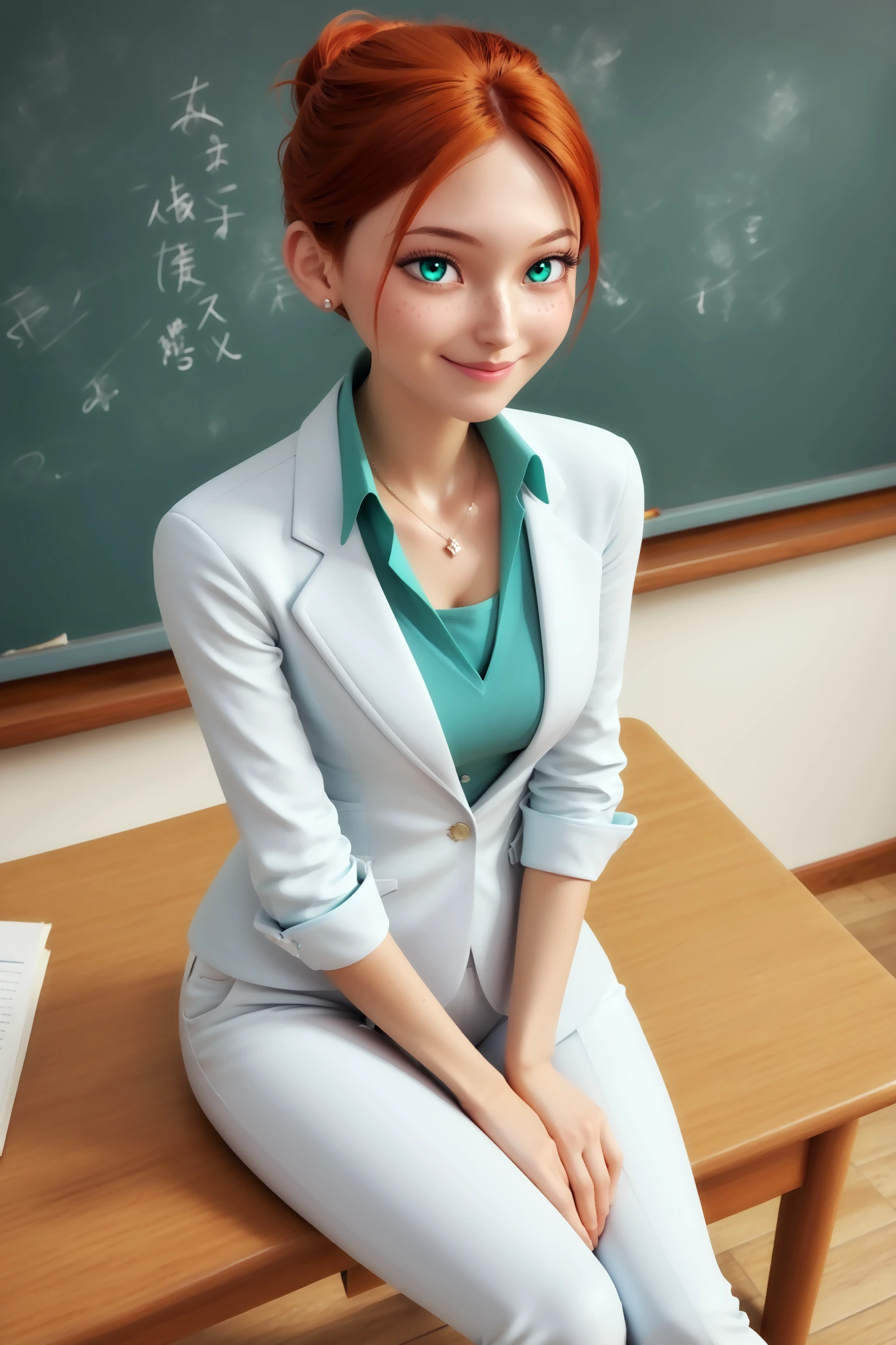 score_9, score_8_up, score_7_up, masterpiece, 4k, high quality, best quality, imtdcalineb, 1girl, sitting, sitting at a desk in a classroom, legs crossed, blackboard, hands together on her own knees, smile, closed mouth, from above, green eyes, aqua eyes, suit, short hair, orange hair, red hair, stud earrings, collared shirt, necklace, freckles, white pants, formal, single hair bun, green shirt, aqua eyes, eyelashes, sleeves rolled up, wide hips, medium breast, tight pants, tight clothing, rating_questionable
