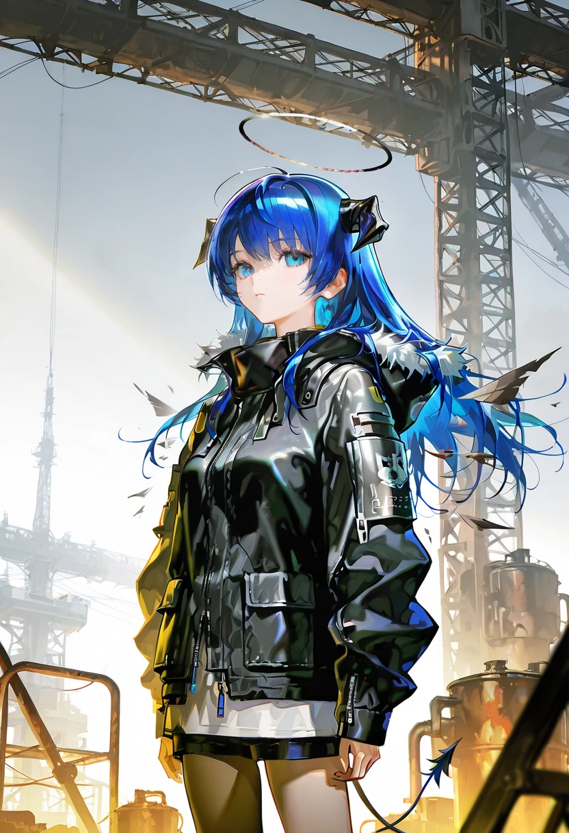 1girl,solo,looking at viewer,ikeda ruriko,deat jacket, mostima_(arknights),industrial,