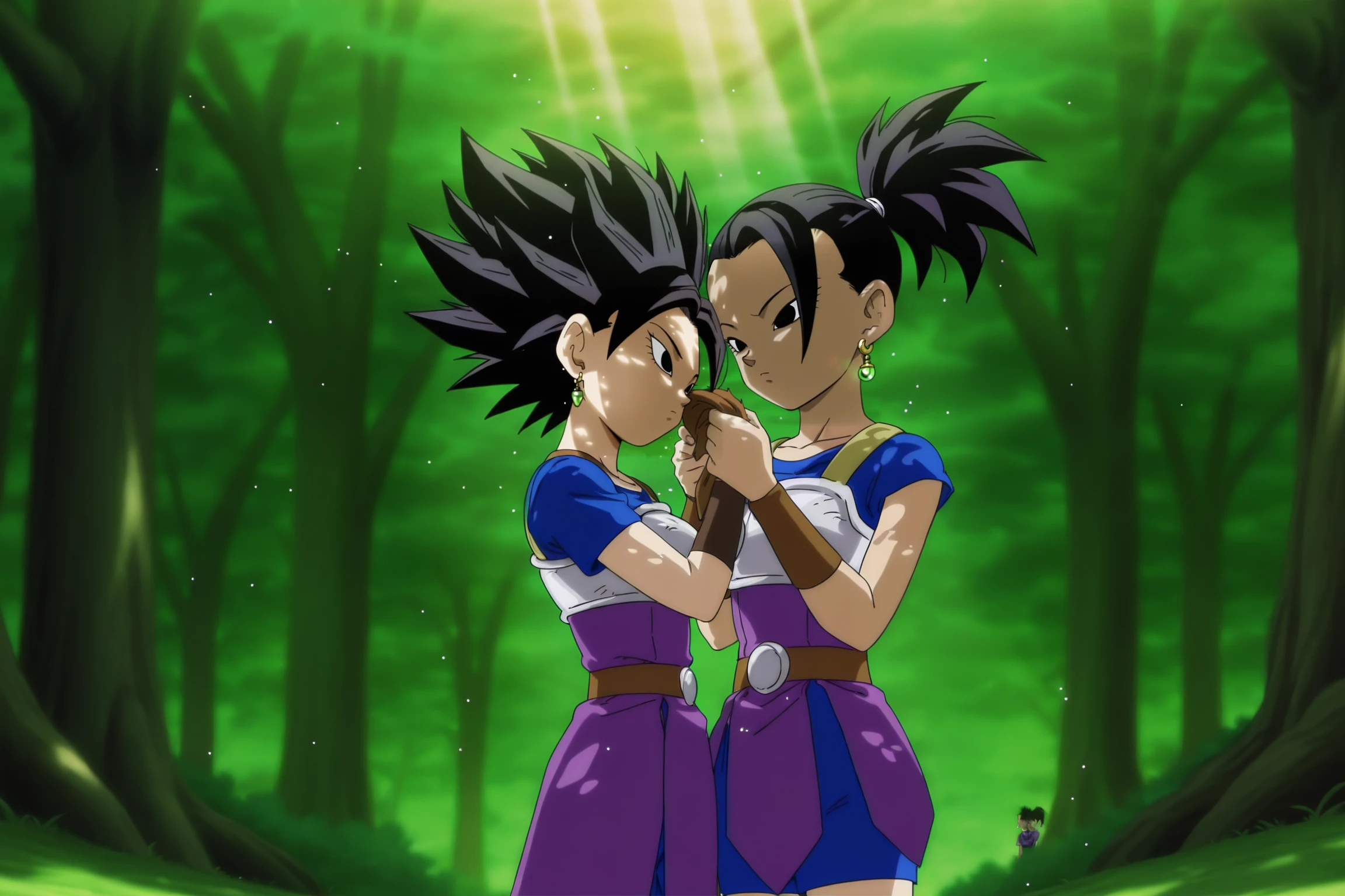 2girls, standing, holding ears, cowboy shot,
anime screencap, masterpiece, best quality, amazing quality, very aesthetic, absurdres, newest, (scenery, volumetric lighting), dappled sunlight, light particles, light rays, official style,
kale, ponytail, black hair, black eyes, blue shirt, blue shorts, short sleeves, purple tunic, brown belt, brown armwear, bracer, saiyan armor, potara earrings,
caulifla, black hair, black eyes, spiked hair, blue shirt, blue shorts, short sleeves, purple tunic, brown belt, brown armwear, bracer, saiyan armor, potara earrings,
<lora:Universe_6_Saiyans_IL:0.8>