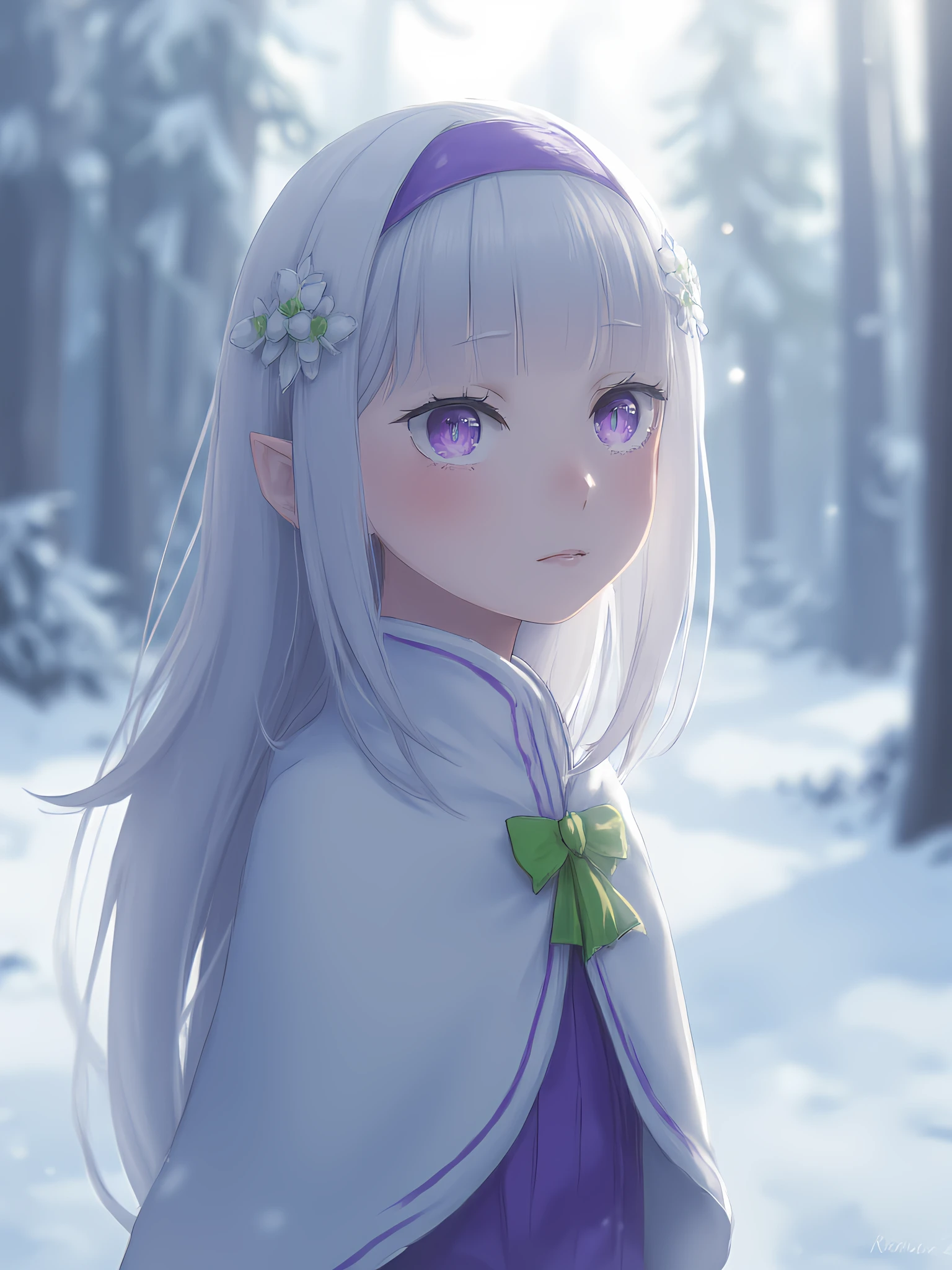 kodomoEmiliaFlux, <lora:kodomoEmiliaFlux:1>, young Emilia from Re:Zero, rendered in hyperrealistic detail, with silver hair flowing in a gentle breeze, standing in a snowy landscape, photorealistic portrait, soft bokeh.