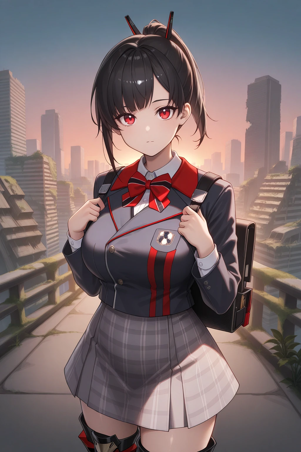 masterpiece, best quality, cowboy shot, looking at viewer, expressionless, 1girl, zwei, large breasts, red eyes, black hair, medium hair, asymmetrical bangs, sidelocks, ponytail, hair ornament, red bowtie, striped bowtie, blue jacket, cropped jacket, white collared shirt, high-waist skirt, plaid skirt, grey skirt, knee boots, armored boots, backpack, holding strap, outdoors, street, city, post-apocalypse, overgrown, skyscraper, gradient sky, sunset, <lora:Hoseki_Nikke_Zwei_IllustriousXL_v1:1>