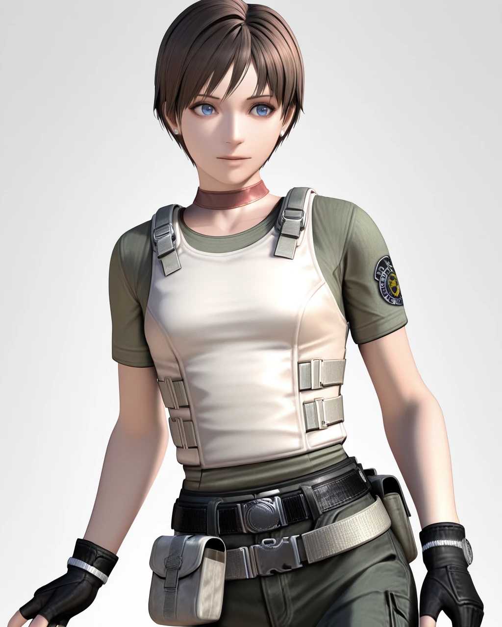 masterpiece, best quality, high quality,  1girl,  <lora:10_becky_7_il:1>, reb_1stars, 1girl, solo, blue eyes, brunette hair, short hair, red choker, white tactical vest with straps, olive tshirt with patch, green pants with cuffs, black belt, green canvas belt, front pouch, back pouch, black fingerless gloves, white socks, green and white combat boots, white earrings, upper body, cg, render, white background