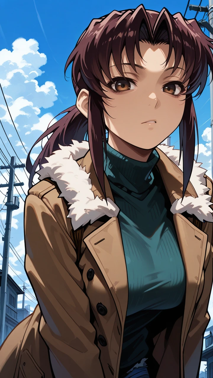 HDR,8K,high contrast,masterpiece,best quality,amazing quality,superabsurd res,high resolution,ultra-detailed,absurdres,newest,revy, 1girl, brown hair, solo, outdoors, (black lagoon), brown eyes, long hair, looking at viewer, ponytail, jacket, coat, upper body, brown coat, sky, building, turtleneck, brown jacket, fur trim, power lines, leaning forward, day, shirt, cloud, turtleneck sweater,<lora:revy_illustrious_0007:1>,